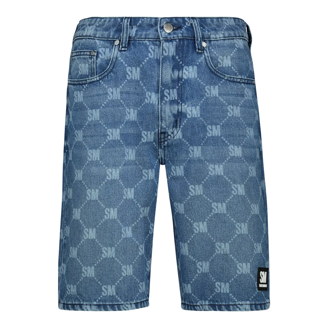 ALEX MID BLUE PRINTED DENIM SHORTS