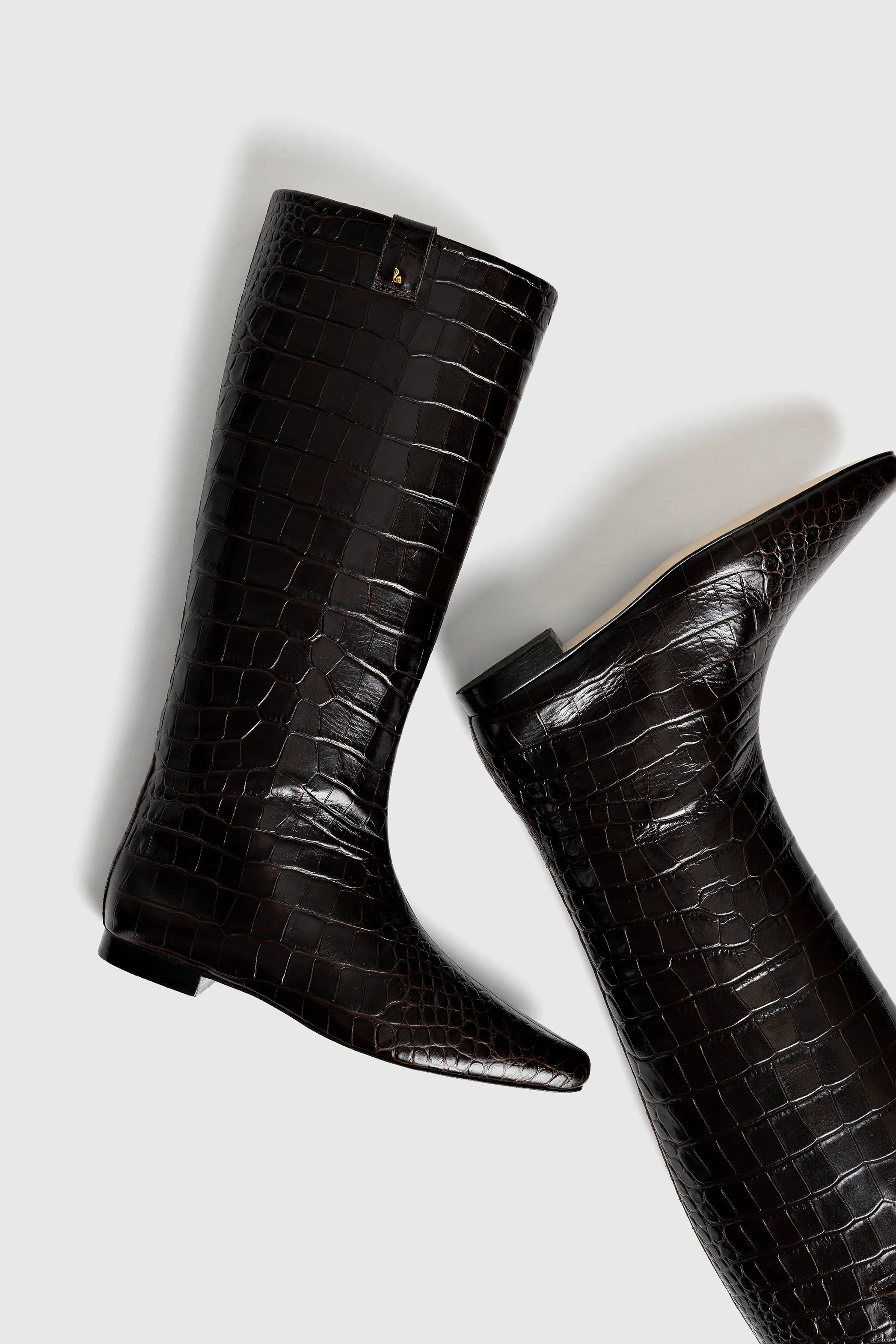 Alexis Flat Boot In Brown Croc Leather