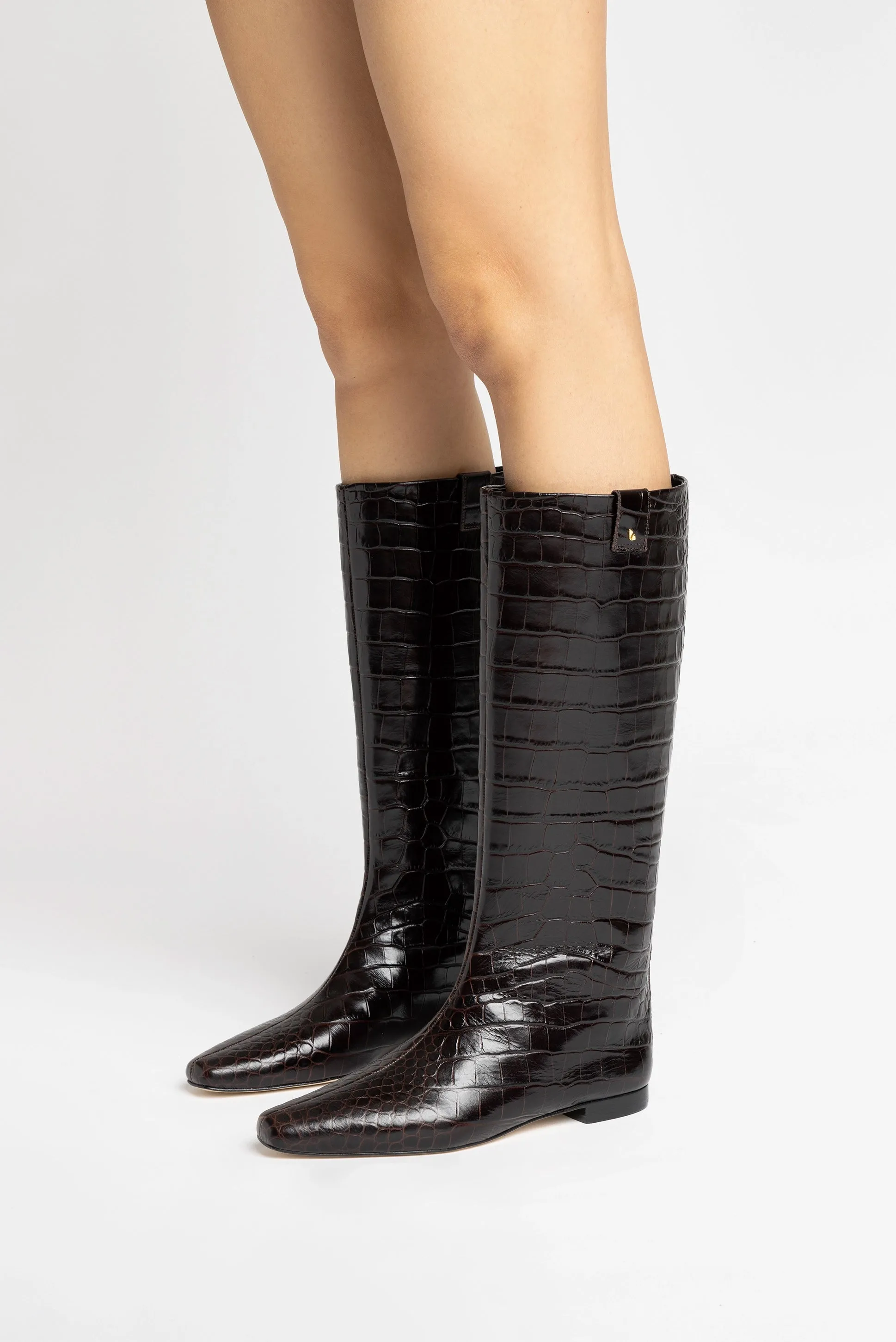 Alexis Flat Boot In Brown Croc Leather