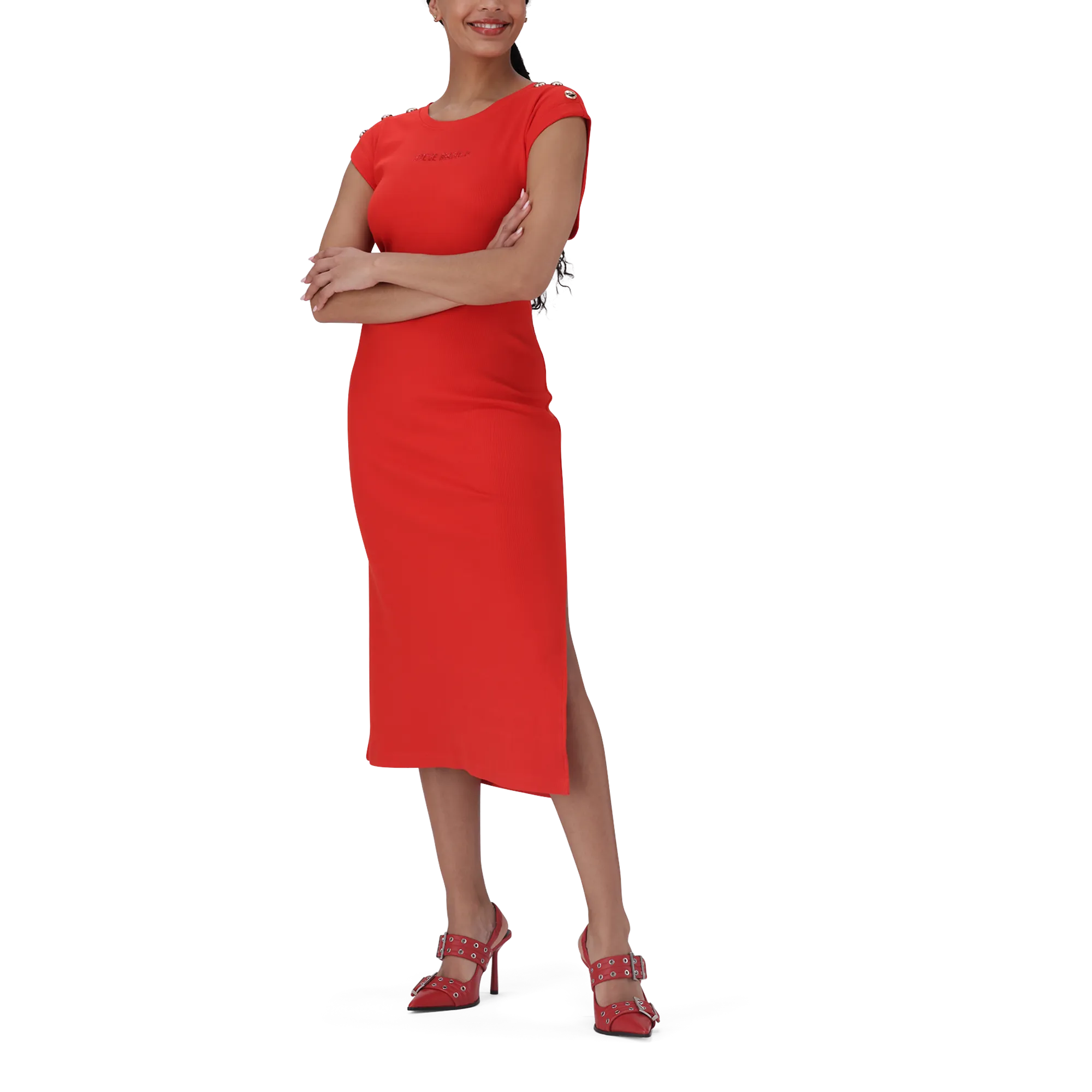 ELLE RED TUNIC MIDI DRESS WITH POPPERS