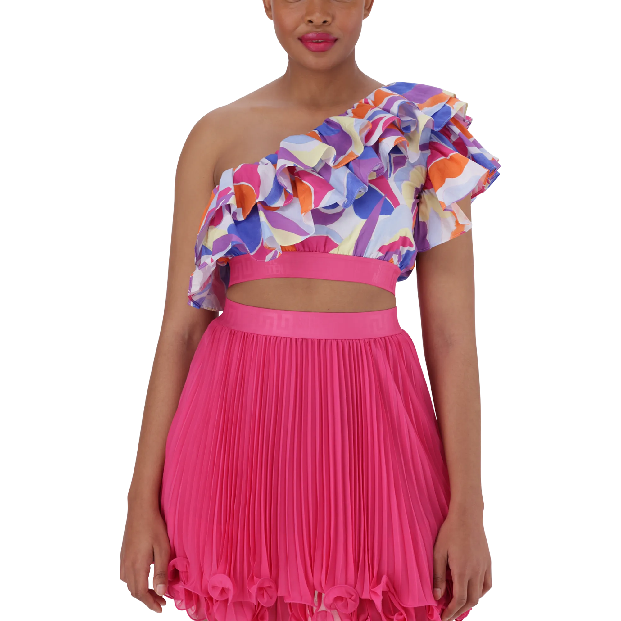 EMMY MULTI RUFFLE SLEEVE CROPPED TOP