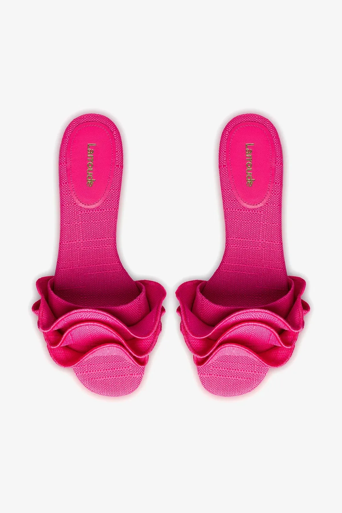 Ivy Ruffle Flat Mule In Pink Raffia