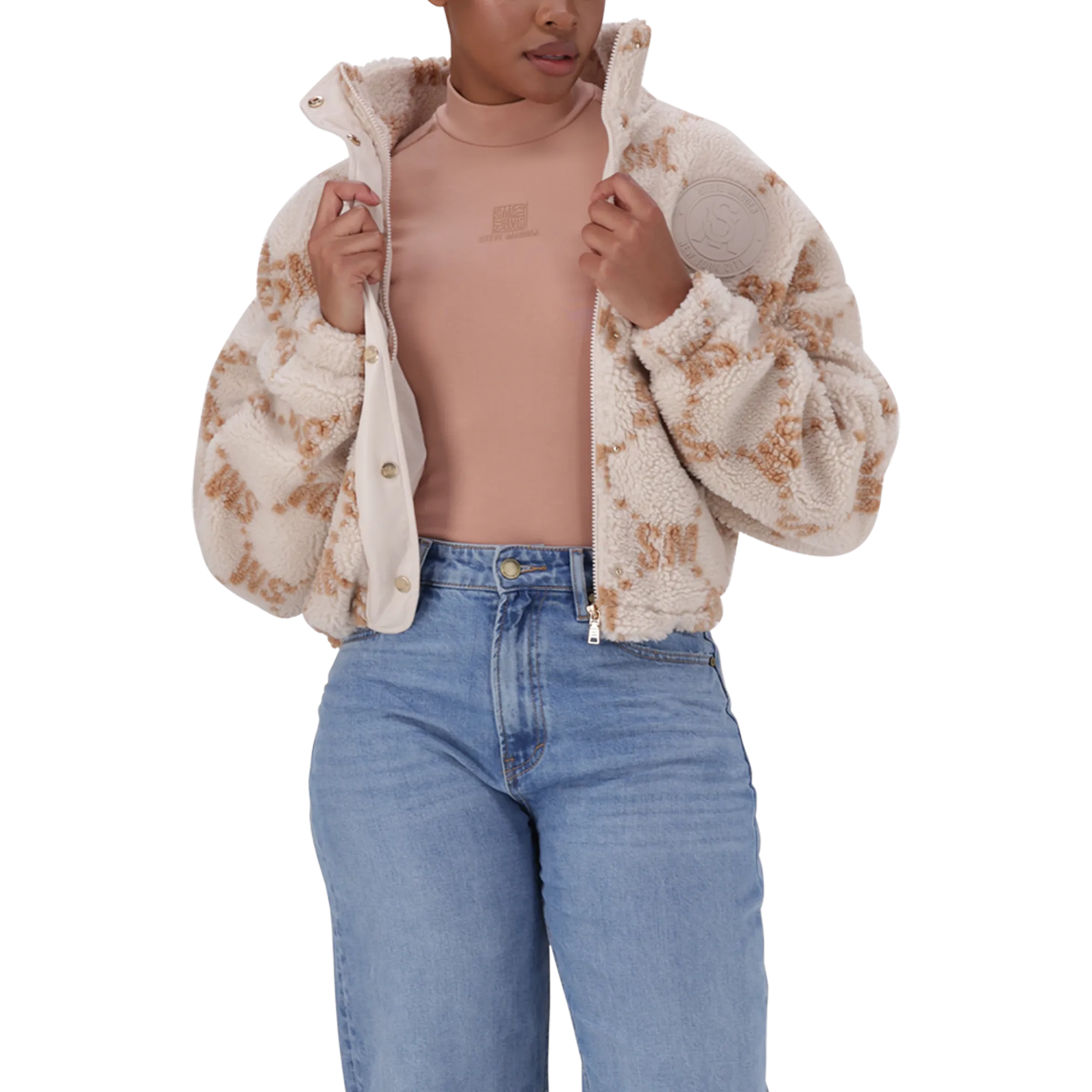 JOVIE NEUTRAL TEDDY FLEECE CROPPED BOMBER