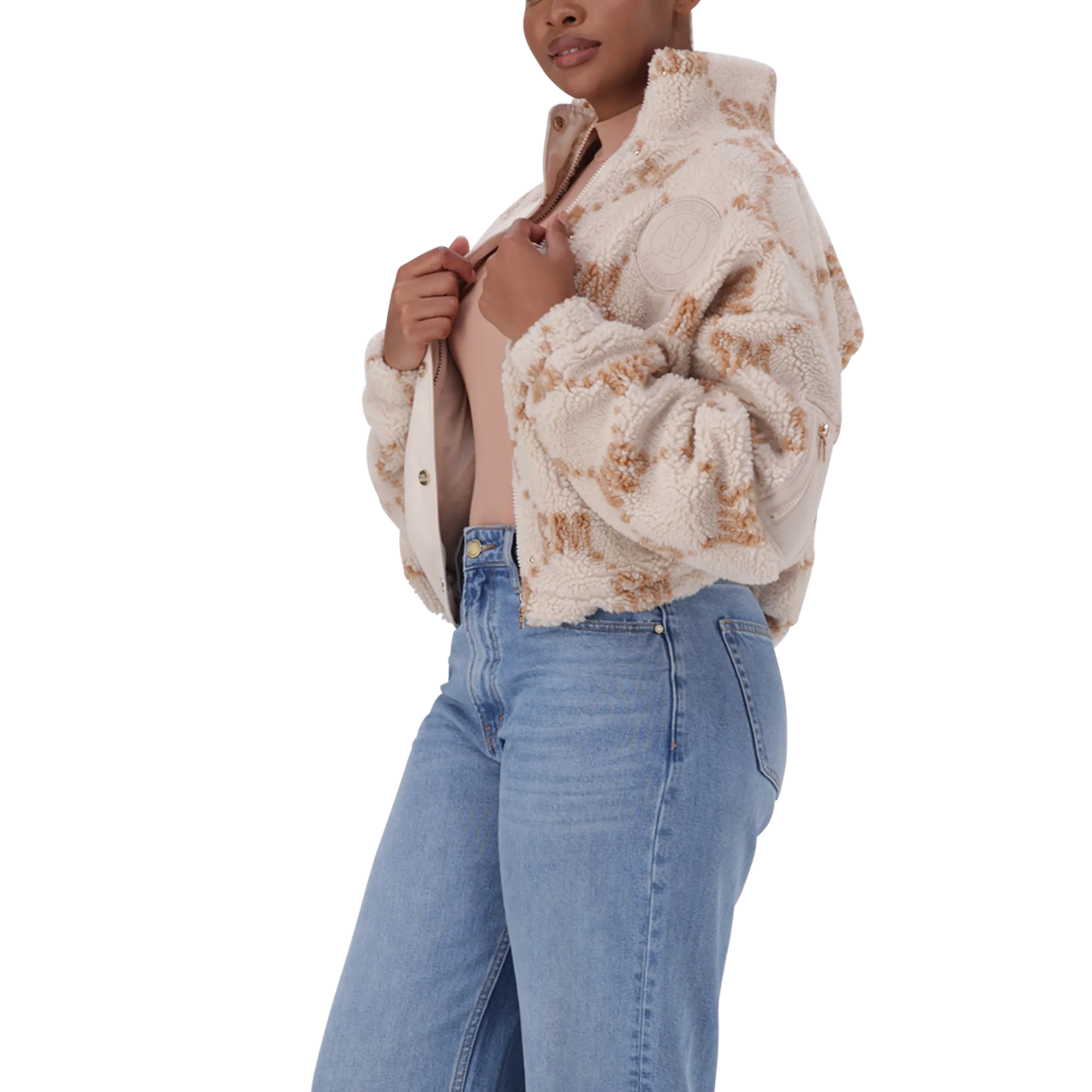 JOVIE NEUTRAL TEDDY FLEECE CROPPED BOMBER