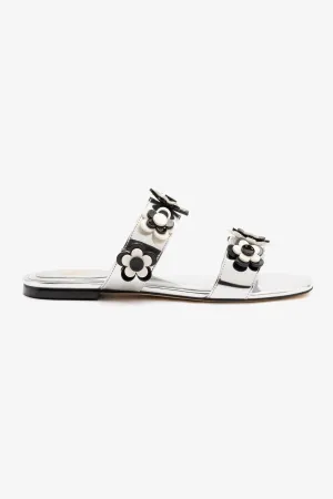 Larroud?? x Gabriela Noelle: Blossom Flat Sandal In Silver Specchio and Black and White Acrylic