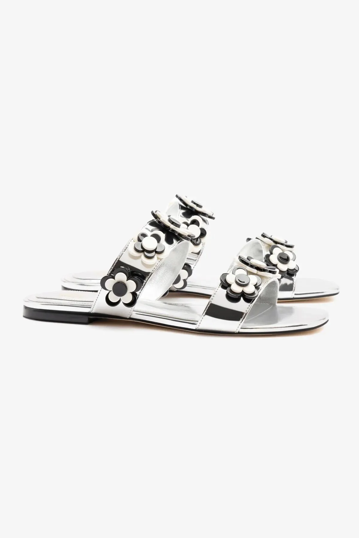 Larroud?? x Gabriela Noelle: Blossom Flat Sandal In Silver Specchio and Black and White Acrylic