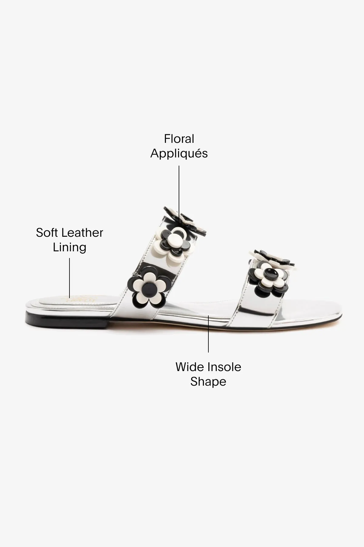 Larroud?? x Gabriela Noelle: Blossom Flat Sandal In Silver Specchio and Black and White Acrylic