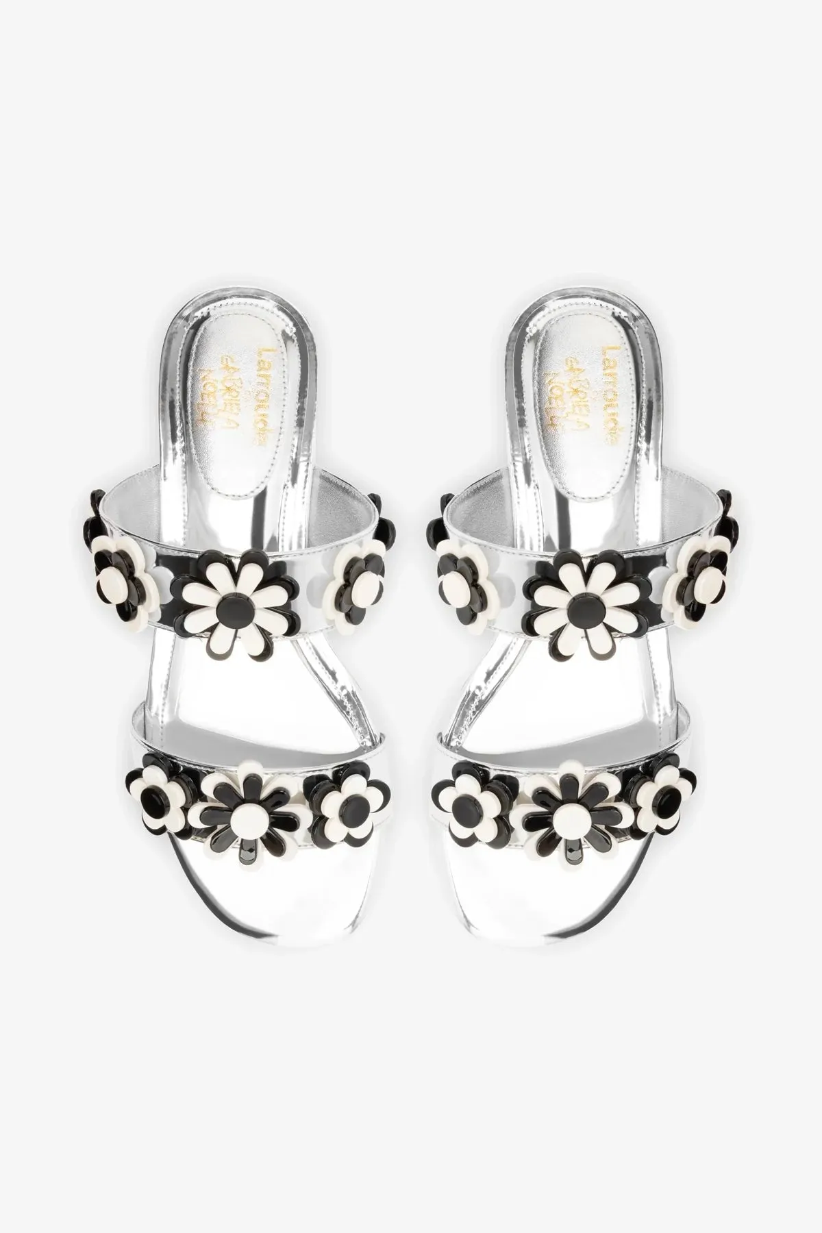 Larroud?? x Gabriela Noelle: Blossom Flat Sandal In Silver Specchio and Black and White Acrylic