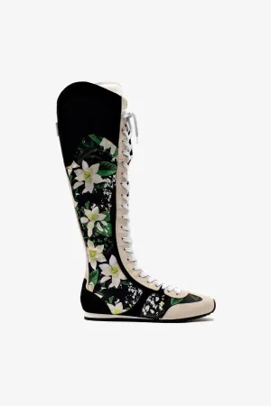 Larroud?? x Jonathan Cohen Flat Hi Sneaker Boot In Black Gardenias Satin And Black Suede