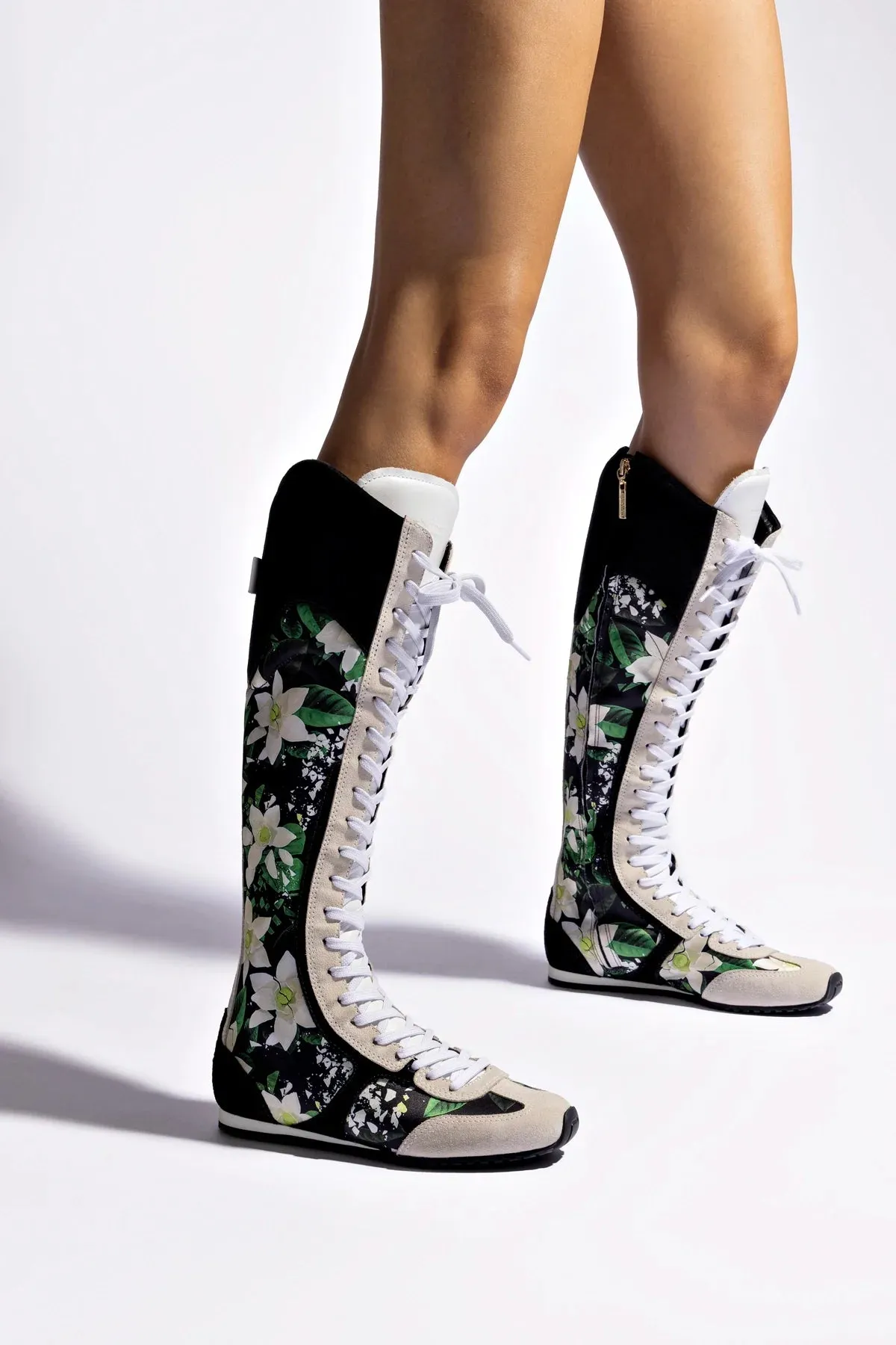 Larroud?? x Jonathan Cohen Flat Hi Sneaker Boot In Black Gardenias Satin And Black Suede