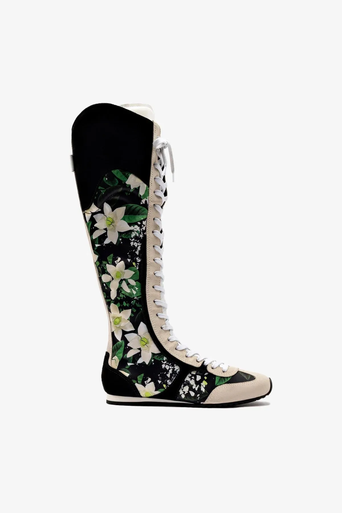 Larroud?? x Jonathan Cohen Flat Hi Sneaker Boot In Black Gardenias Satin And Black Suede