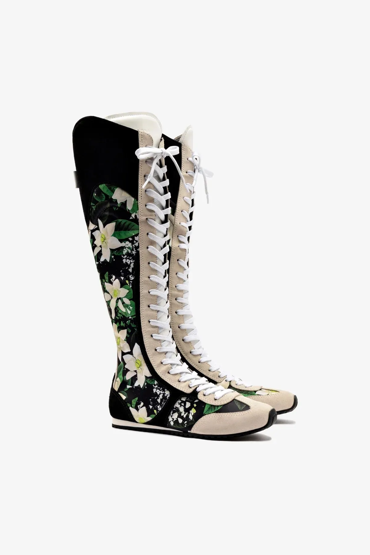 Larroud?? x Jonathan Cohen Flat Hi Sneaker Boot In Black Gardenias Satin And Black Suede