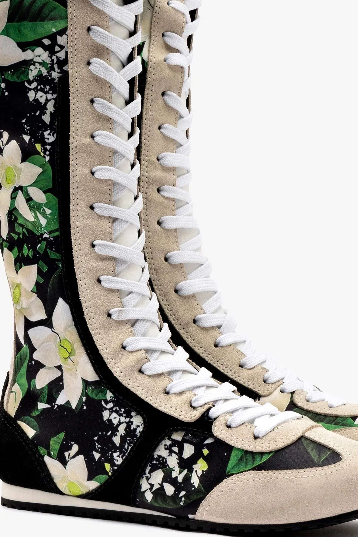 Larroud?? x Jonathan Cohen Flat Hi Sneaker Boot In Black Gardenias Satin And Black Suede