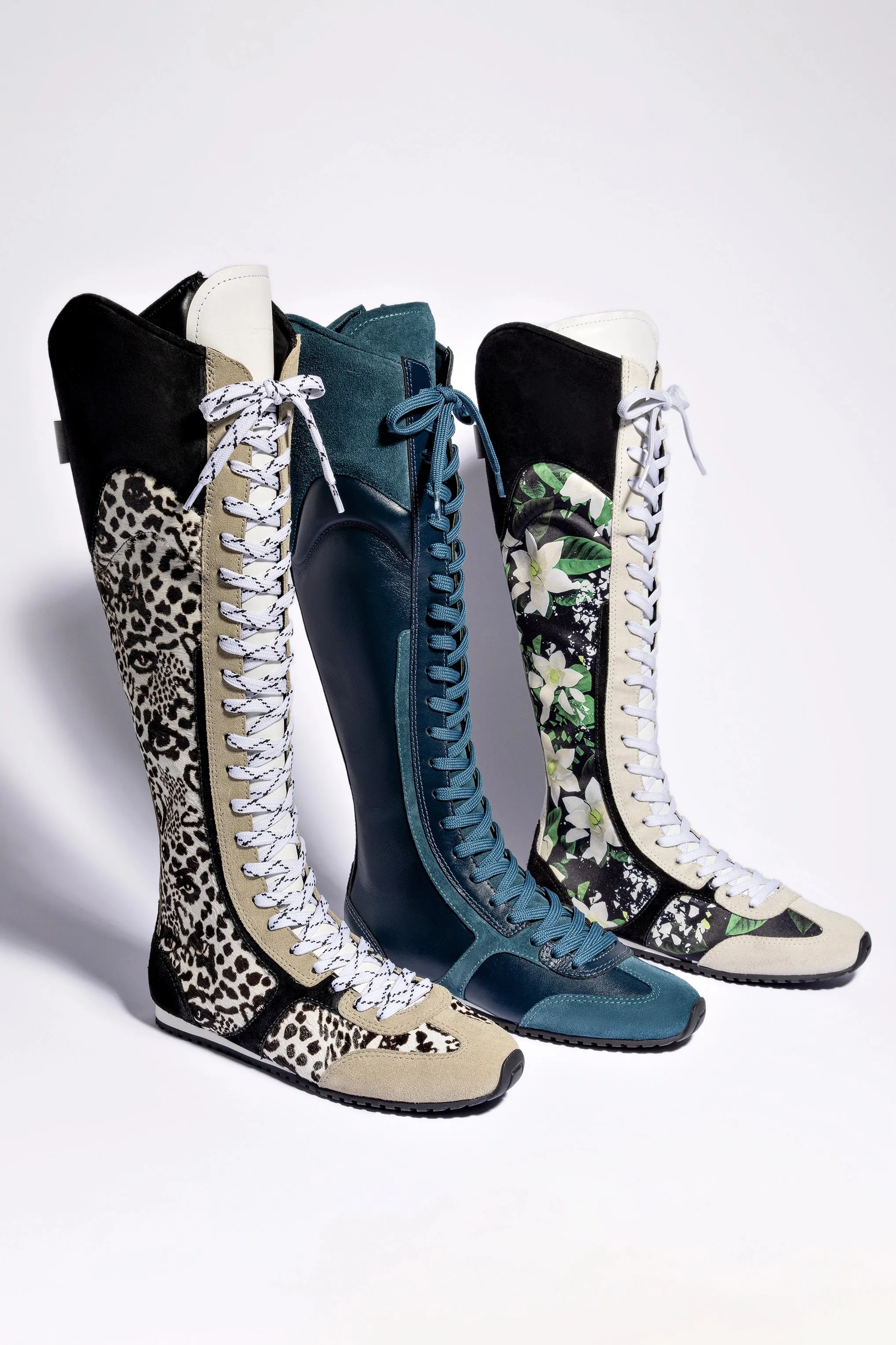 Larroud?? x Jonathan Cohen Flat Hi Sneaker Boot In Black Gardenias Satin And Black Suede