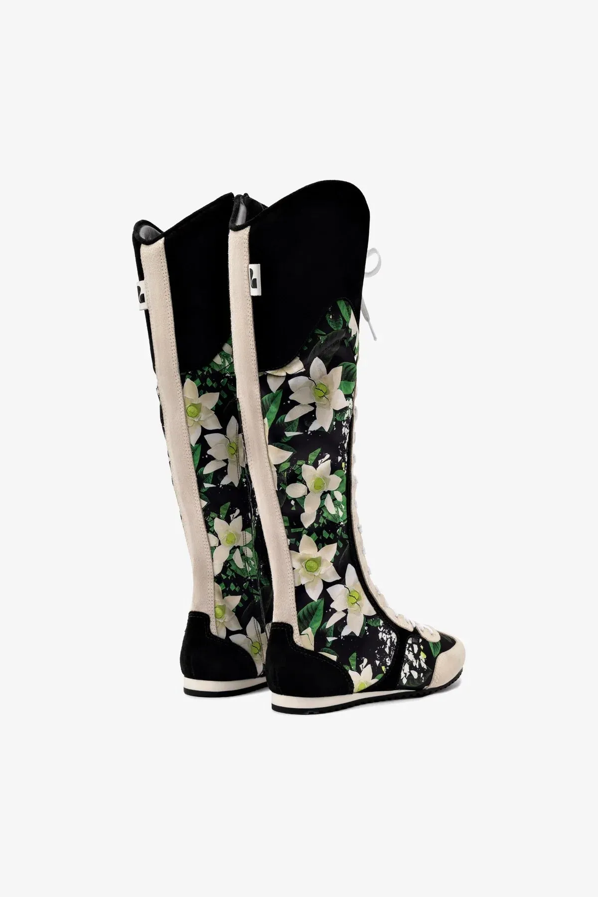 Larroud?? x Jonathan Cohen Flat Hi Sneaker Boot In Black Gardenias Satin And Black Suede