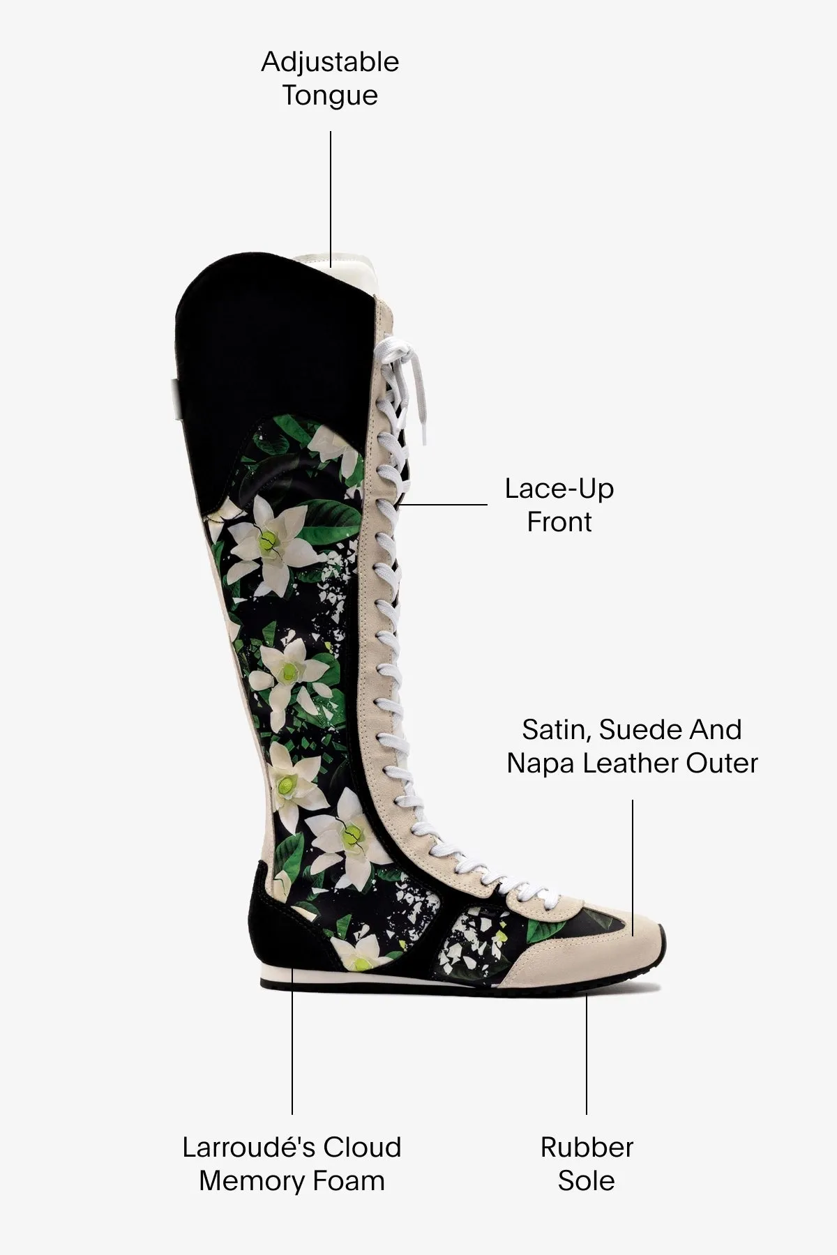 Larroud?? x Jonathan Cohen Flat Hi Sneaker Boot In Black Gardenias Satin And Black Suede