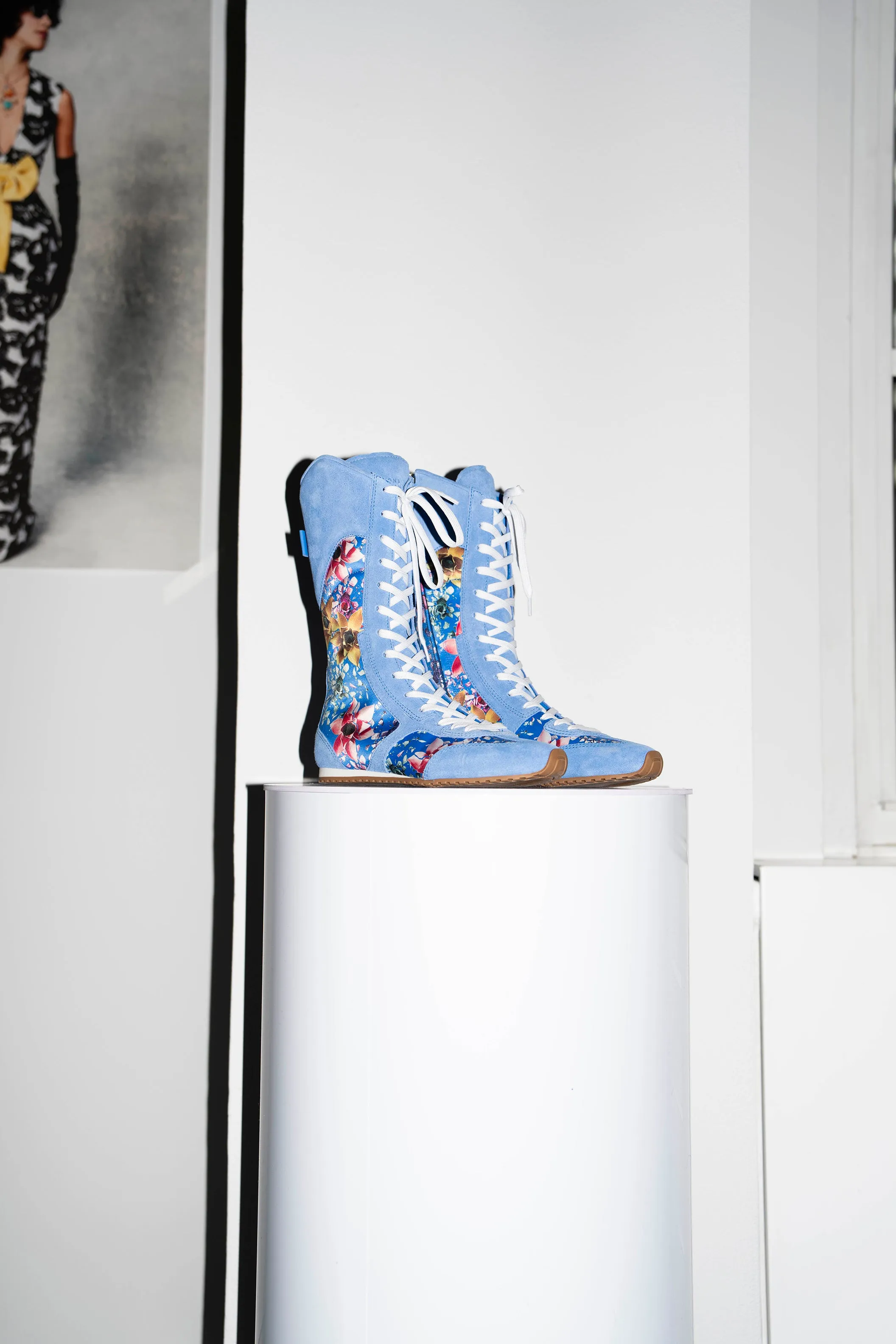 Larroud?? x Jonathan Cohen Flat Lo Sneaker Boot In Dodger Blue and Gardenias Colored Satin