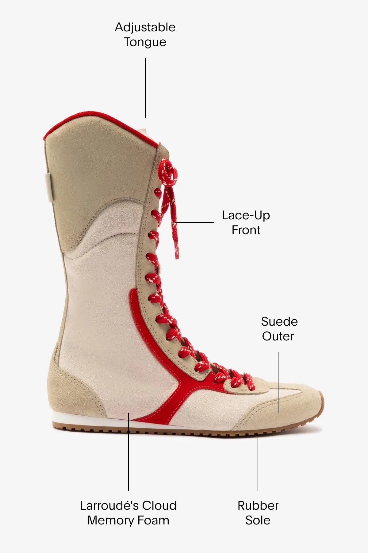 Larroud?? x Jonathan Cohen Flat Lo Sneaker Boot In Ivory, Oyster Grey and Scarlet Suede