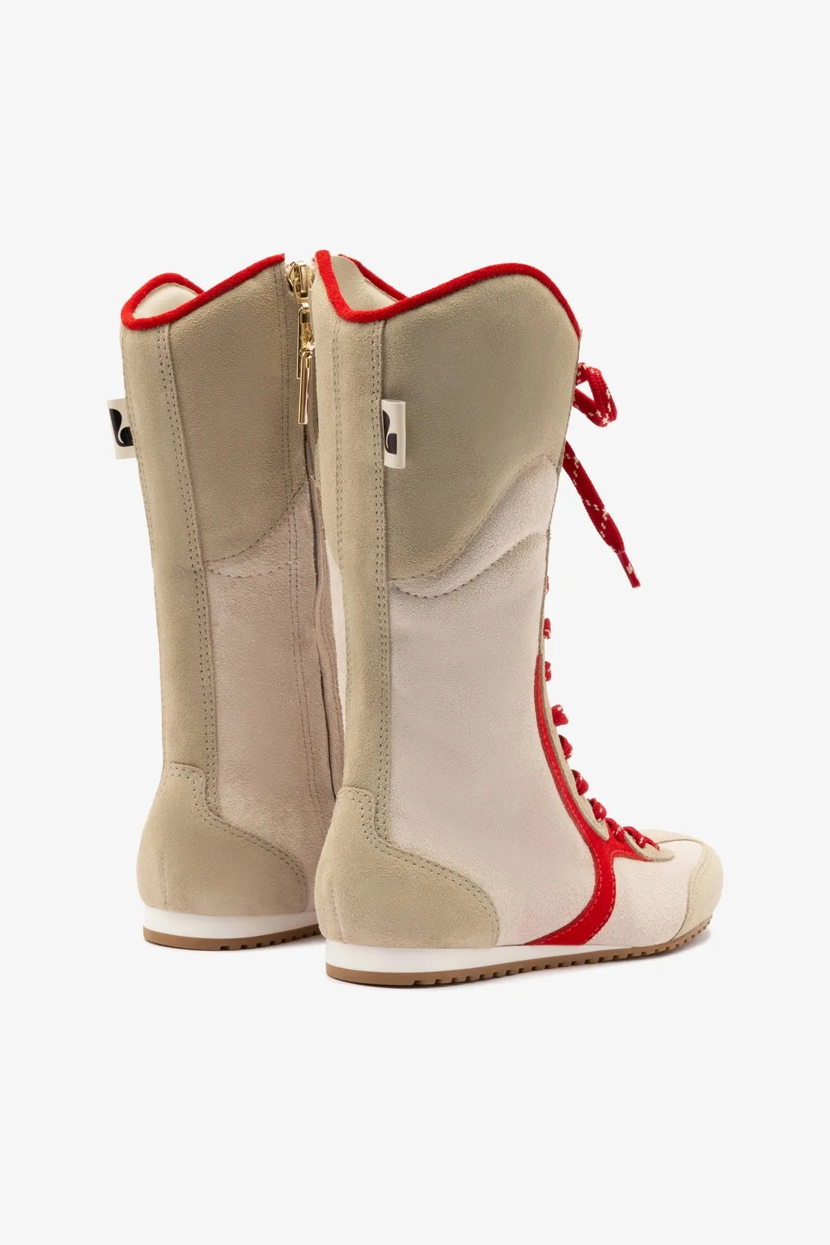 Larroud?? x Jonathan Cohen Flat Lo Sneaker Boot In Ivory, Oyster Grey and Scarlet Suede