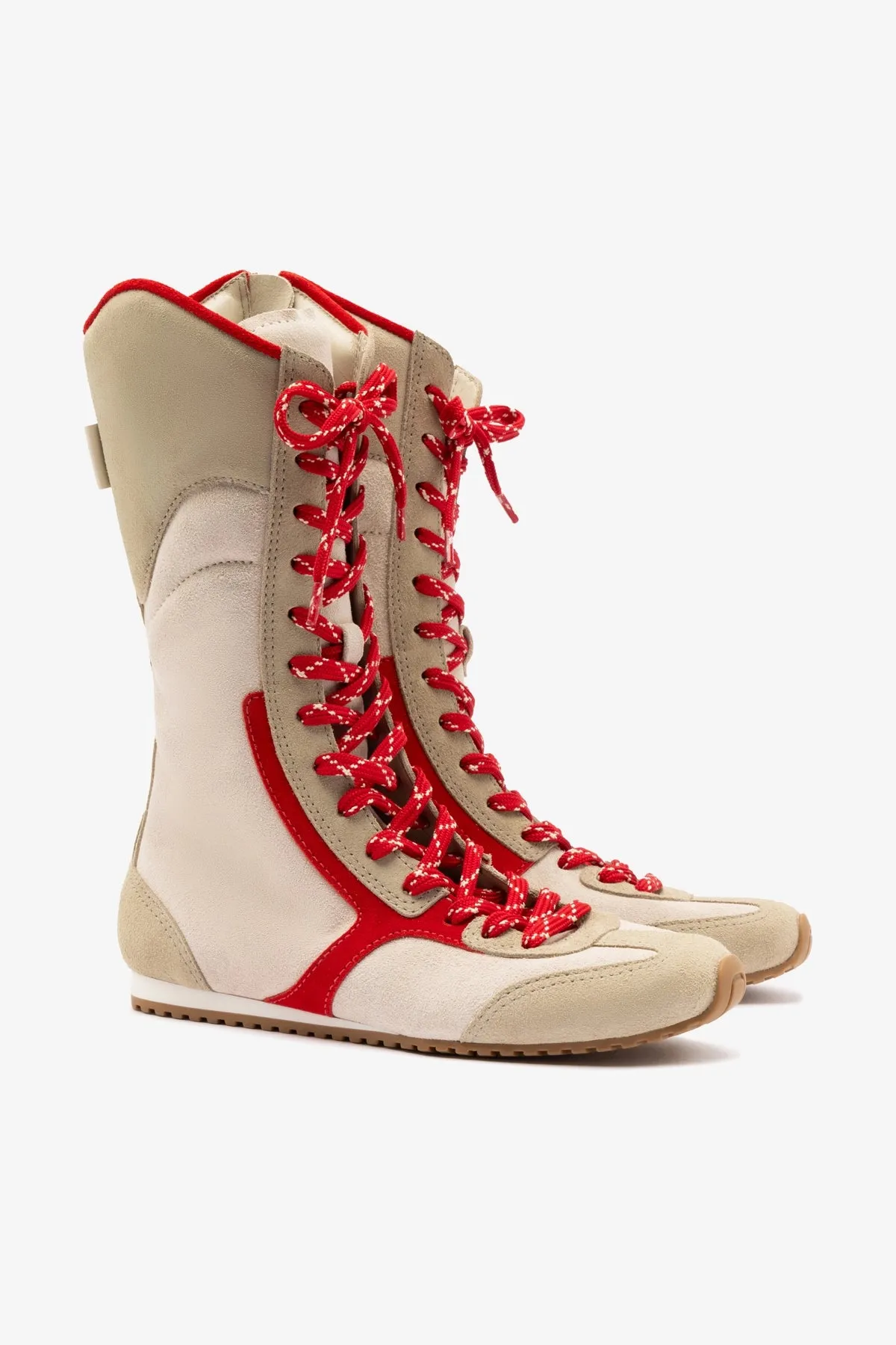 Larroud?? x Jonathan Cohen Flat Lo Sneaker Boot In Ivory, Oyster Grey and Scarlet Suede