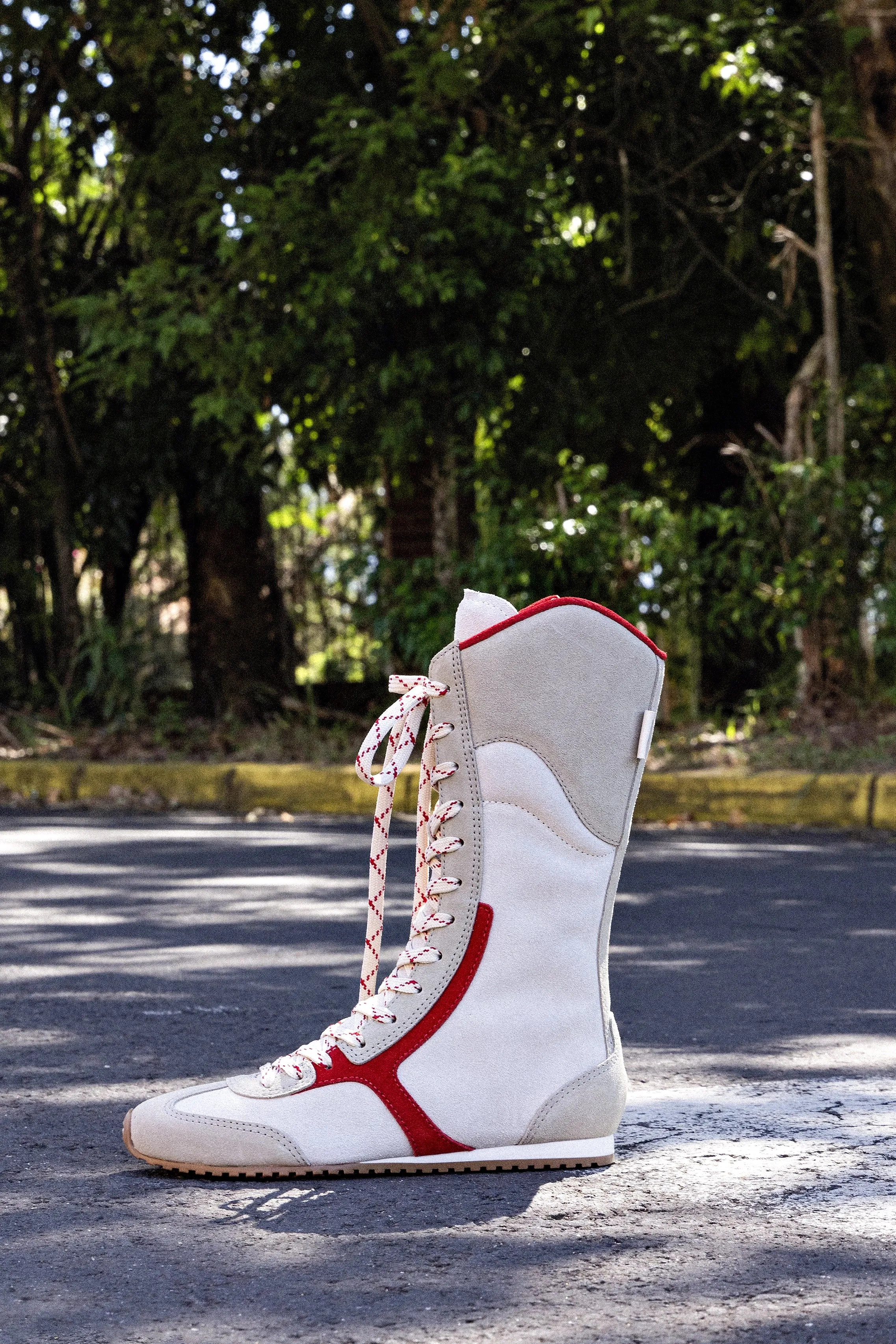 Larroud?? x Jonathan Cohen Flat Lo Sneaker Boot In Ivory, Oyster Grey and Scarlet Suede