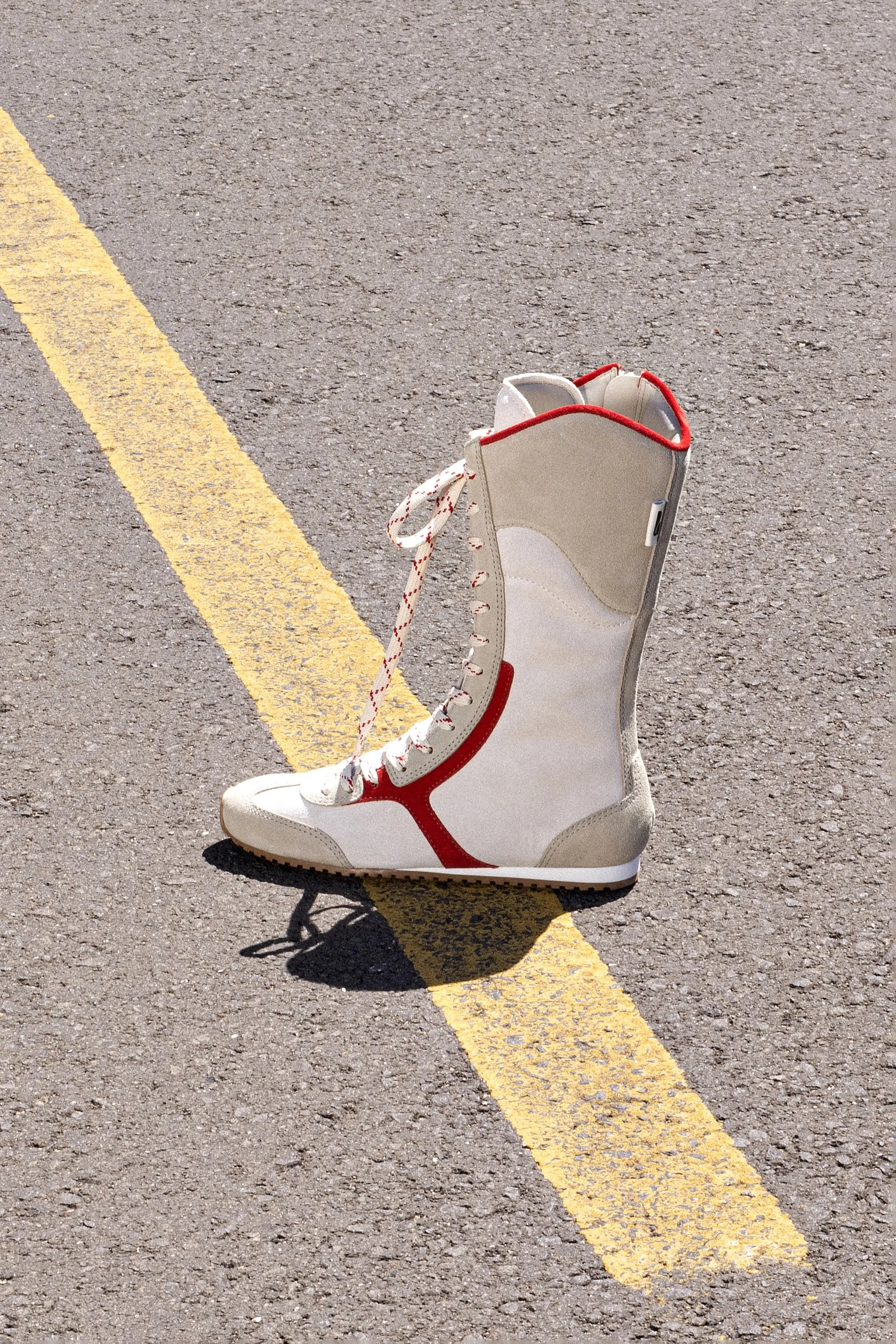 Larroud?? x Jonathan Cohen Flat Lo Sneaker Boot In Ivory, Oyster Grey and Scarlet Suede