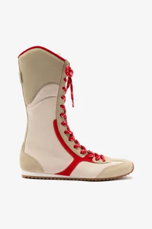 Larroud?? x Jonathan Cohen Flat Lo Sneaker Boot In Ivory, Oyster Grey and Scarlet Suede