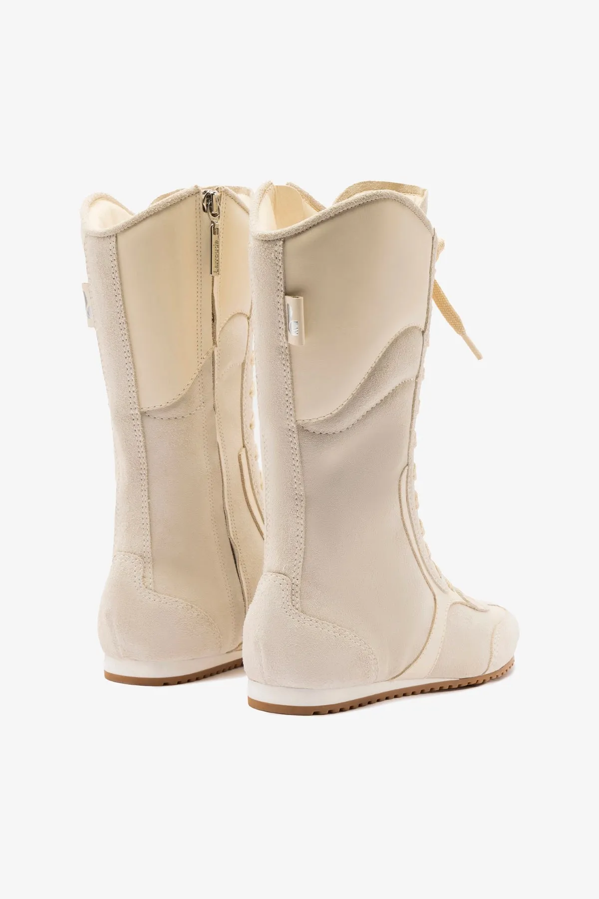 Larroud?? x Jonathan Cohen Flat Lo Sneaker Boot In Mushroom Grey Suede and Ivory Leather