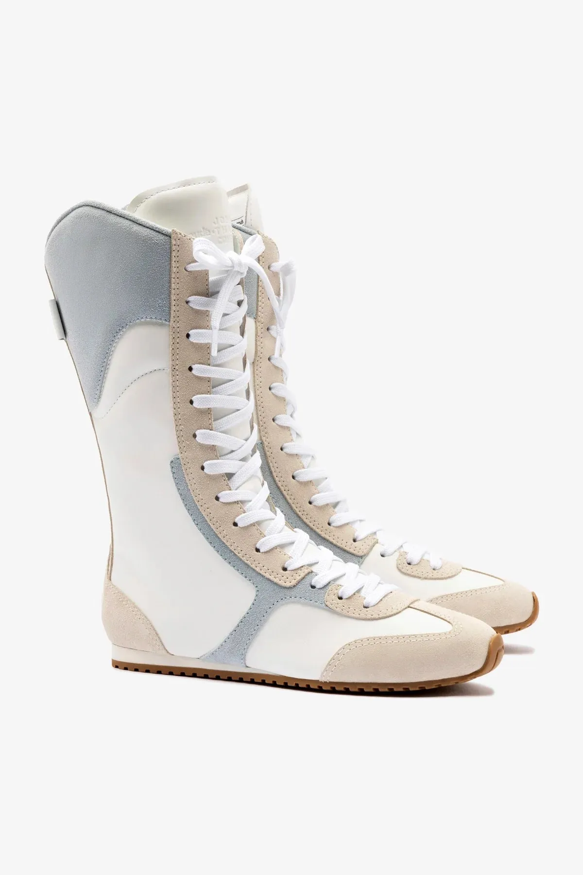 Larroud?? x Jonathan Cohen Flat Lo Sneaker Boot In White Leather, Maya and Mushroom Grey Suede