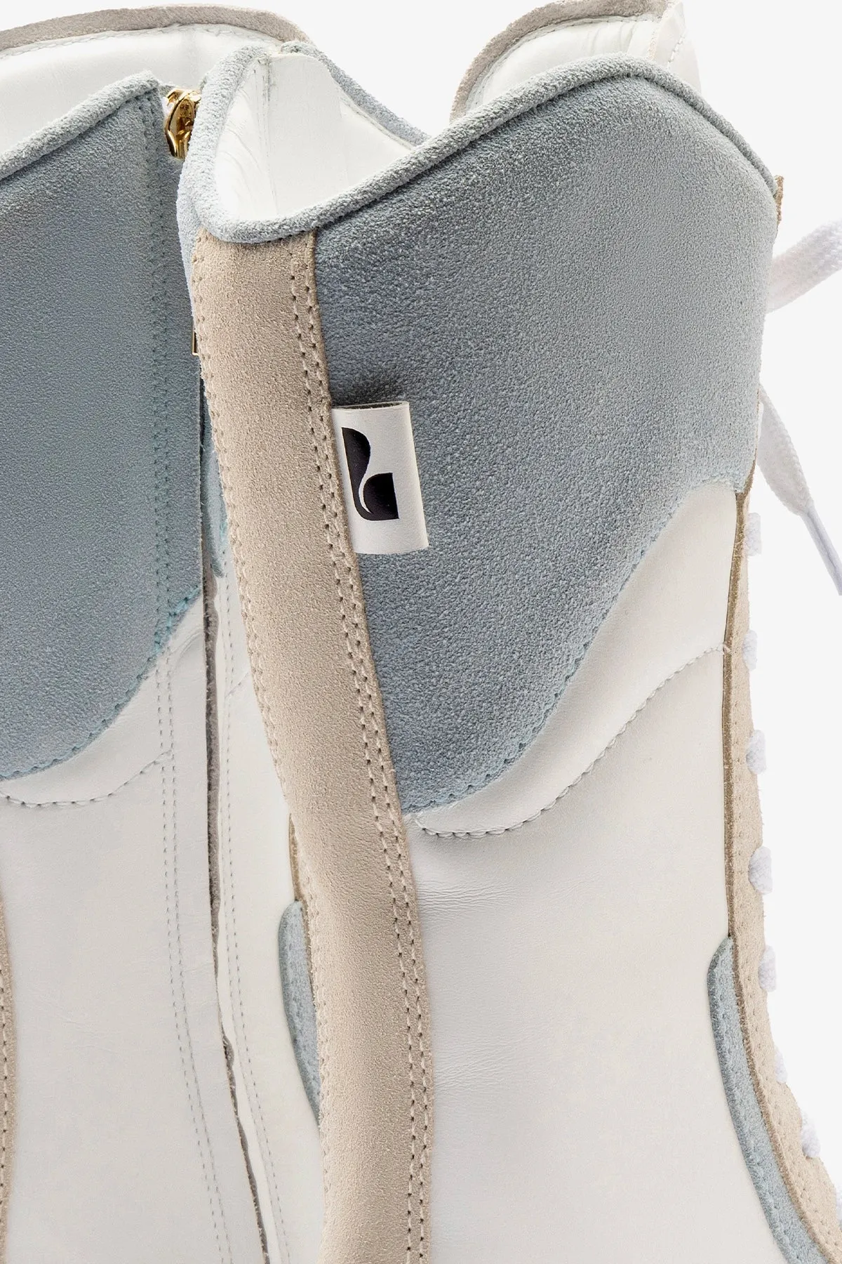 Larroud?? x Jonathan Cohen Flat Lo Sneaker Boot In White Leather, Maya and Mushroom Grey Suede