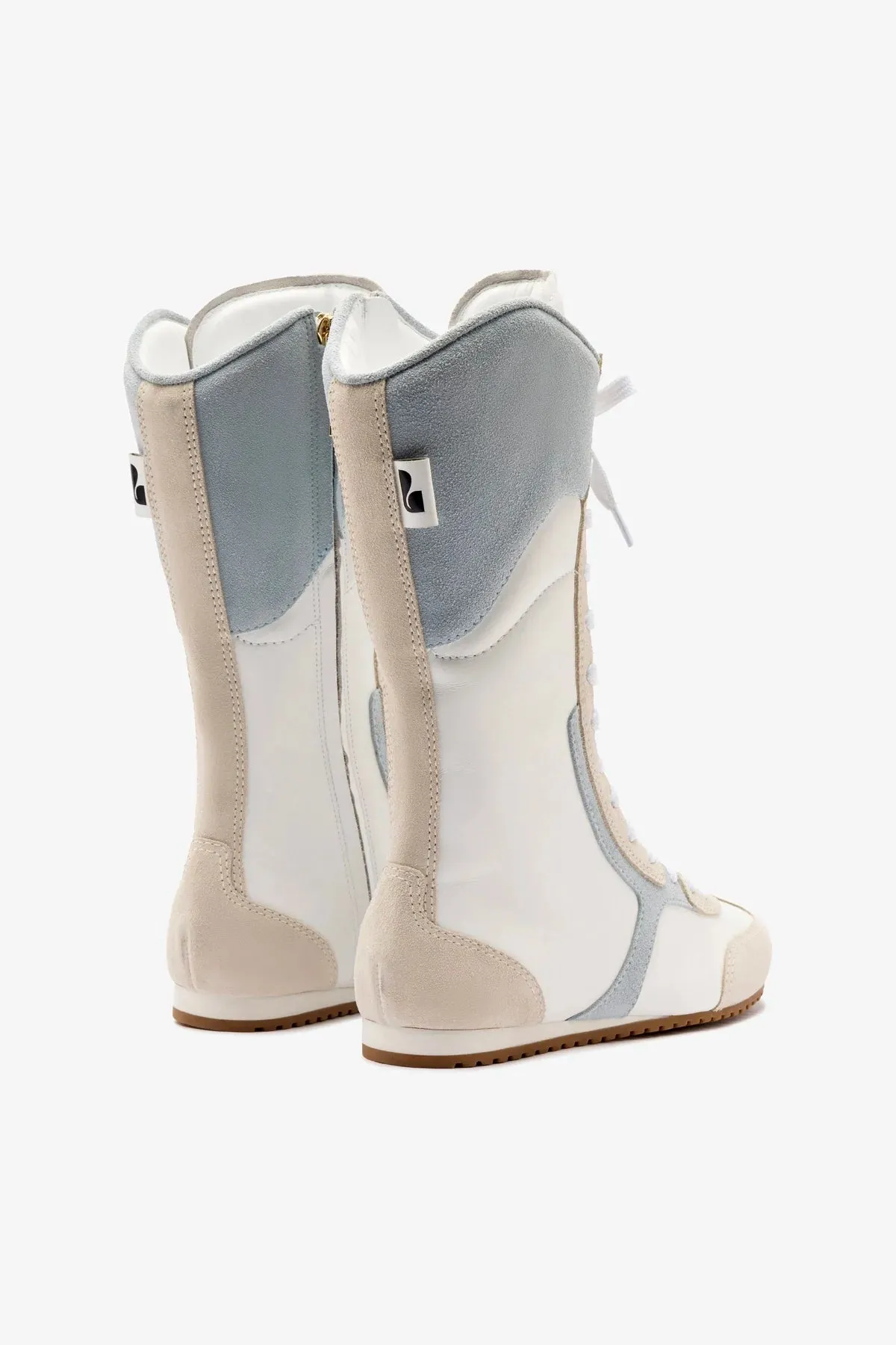 Larroud?? x Jonathan Cohen Flat Lo Sneaker Boot In White Leather, Maya and Mushroom Grey Suede