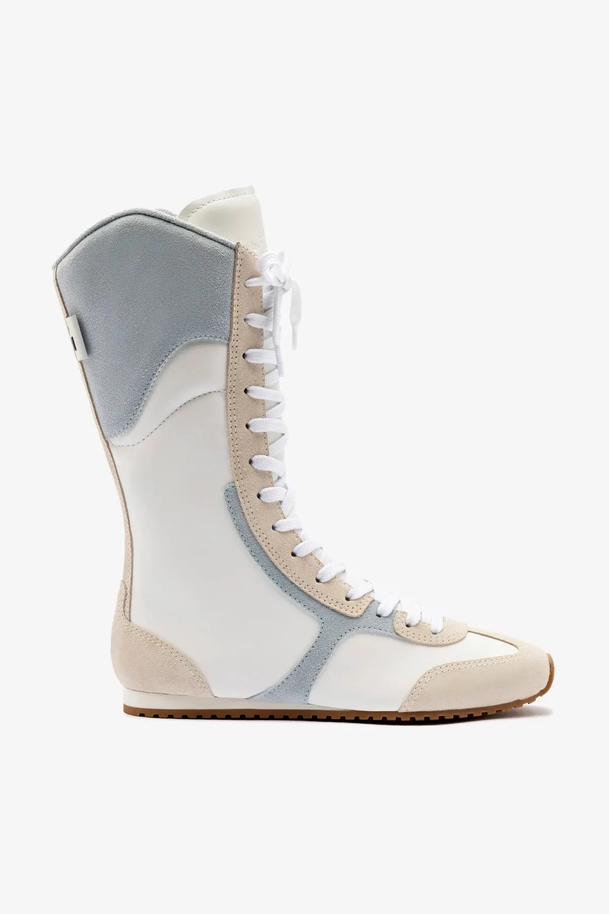 Larroud?? x Jonathan Cohen Flat Lo Sneaker Boot In White Leather, Maya and Mushroom Grey Suede