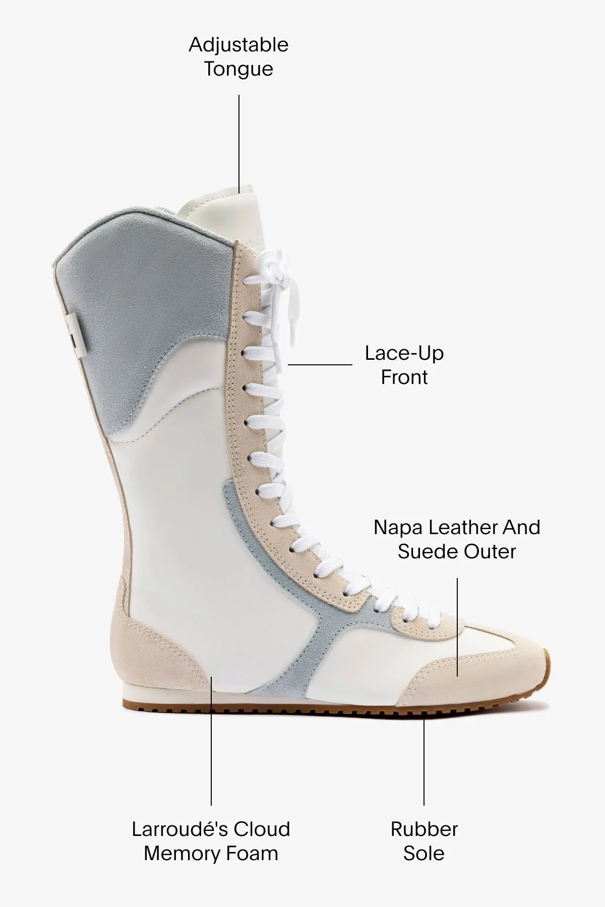 Larroud?? x Jonathan Cohen Flat Lo Sneaker Boot In White Leather, Maya and Mushroom Grey Suede