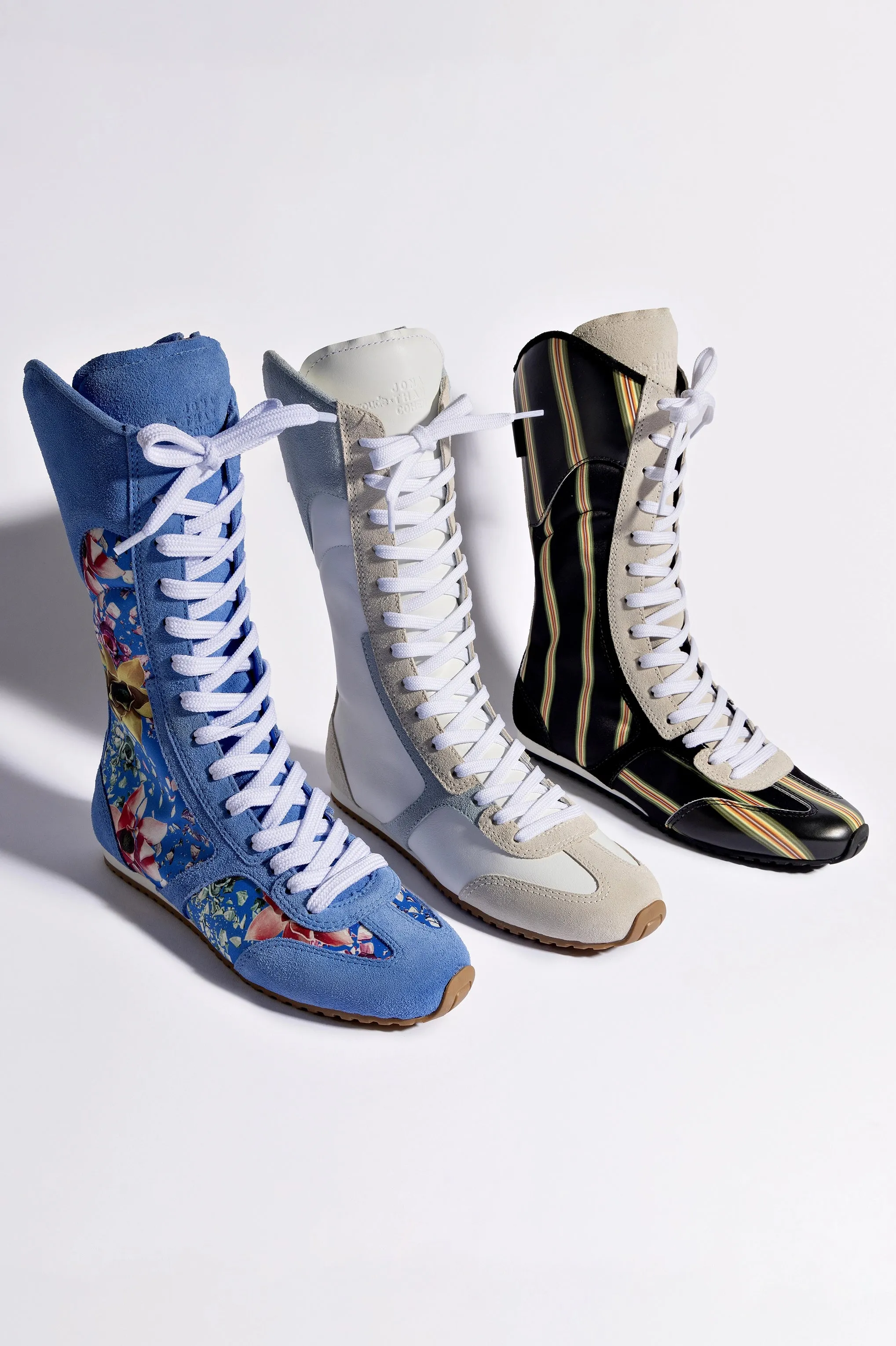 Larroud?? x Jonathan Cohen Flat Lo Sneaker Boot In White Leather, Maya and Mushroom Grey Suede