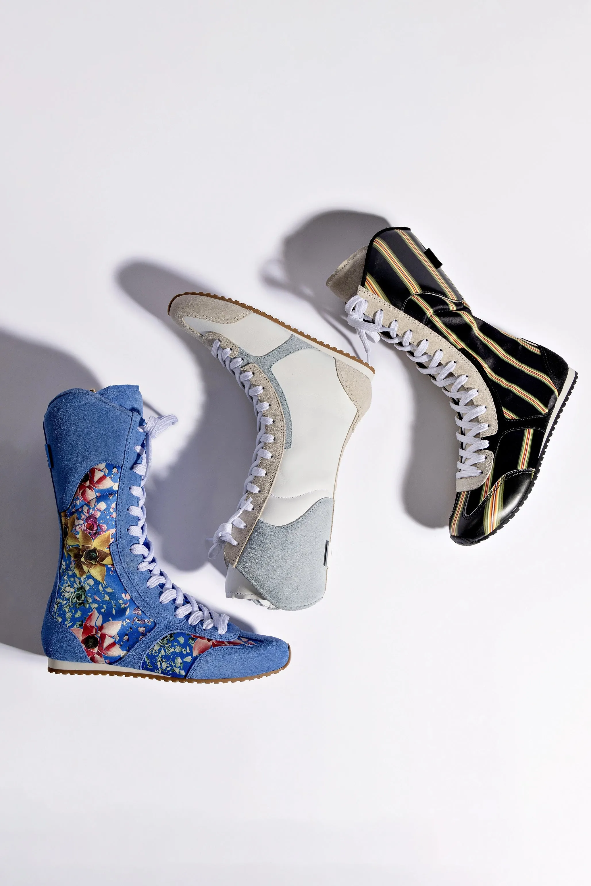 Larroud?? x Jonathan Cohen Flat Lo Sneaker Boot In White Leather, Maya and Mushroom Grey Suede