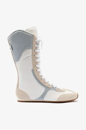 Larroud?? x Jonathan Cohen Flat Lo Sneaker Boot In White Leather, Maya and Mushroom Grey Suede