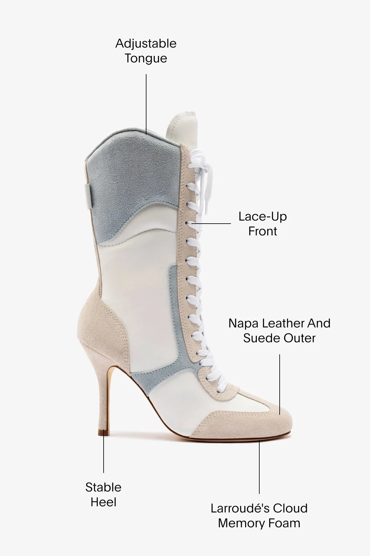 Larroud?? x Jonathan Cohen High Heel Sneaker Boot In White Leather, Maya and Mushroom Grey Suede