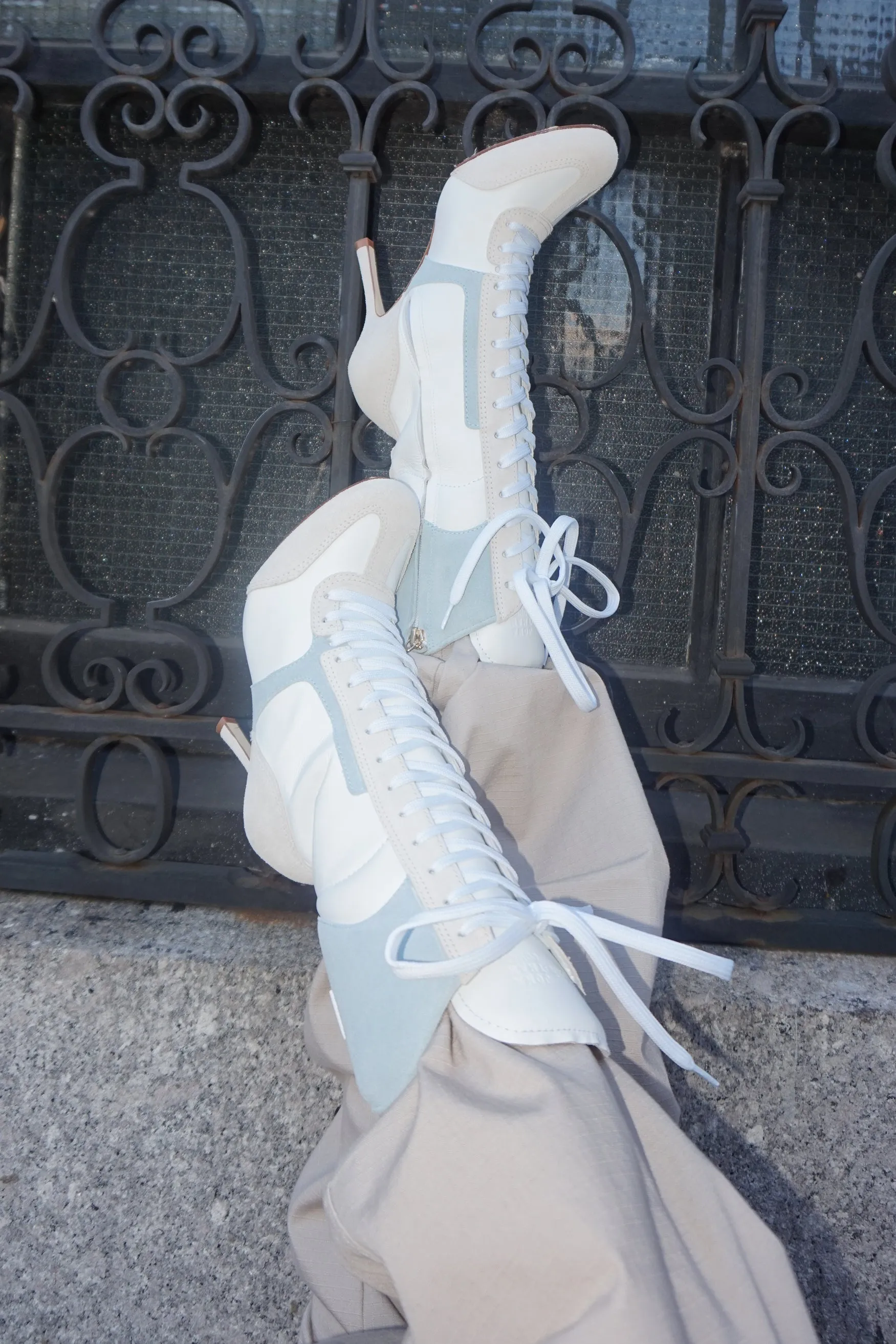 Larroud?? x Jonathan Cohen High Heel Sneaker Boot In White Leather, Maya and Mushroom Grey Suede