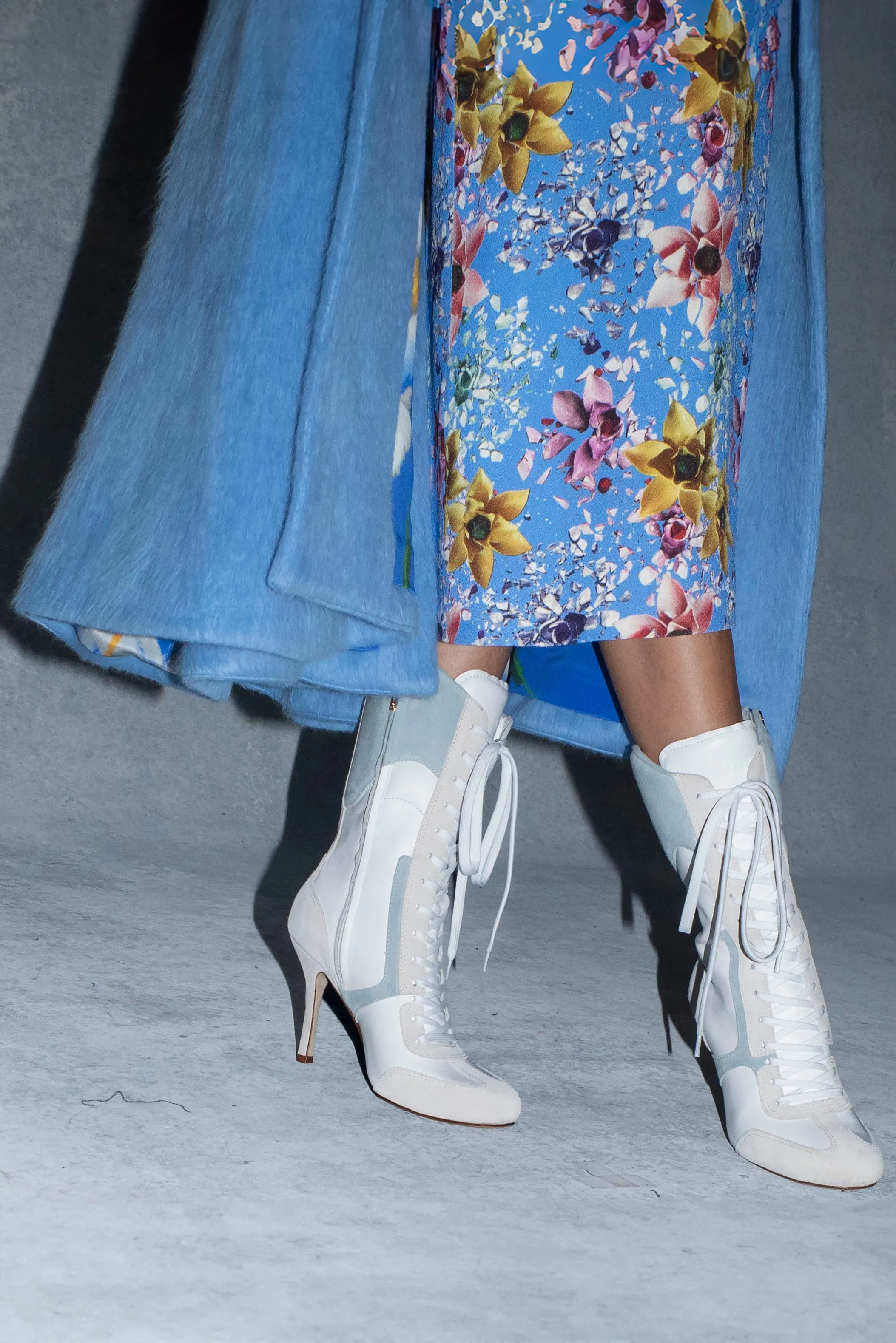 Larroud?? x Jonathan Cohen High Heel Sneaker Boot In White Leather, Maya and Mushroom Grey Suede