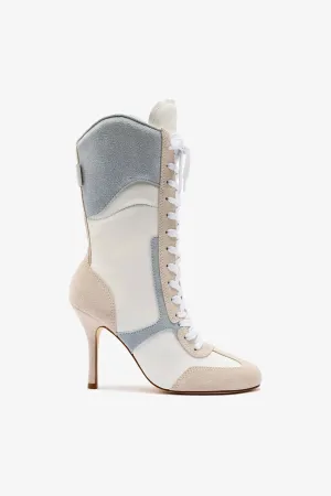Larroud?? x Jonathan Cohen High Heel Sneaker Boot In White Leather, Maya and Mushroom Grey Suede
