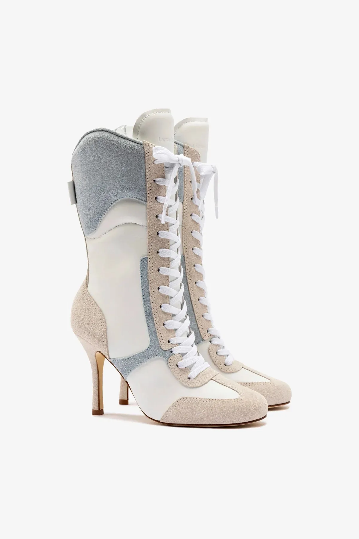 Larroud?? x Jonathan Cohen High Heel Sneaker Boot In White Leather, Maya and Mushroom Grey Suede