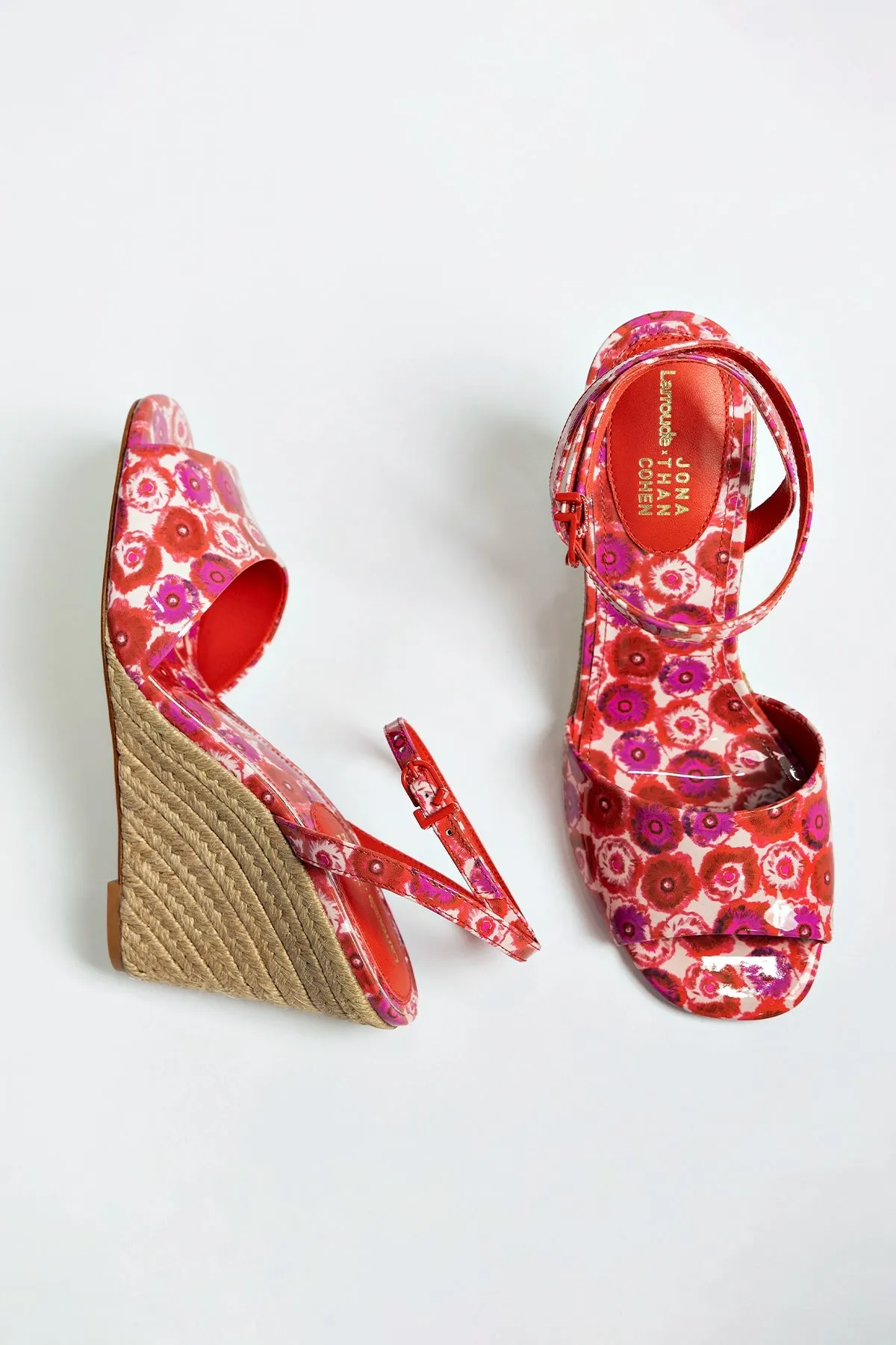 Larroud?? x Jonathan Cohen Yves Wedge In Red Abstract Printed Patent Leather