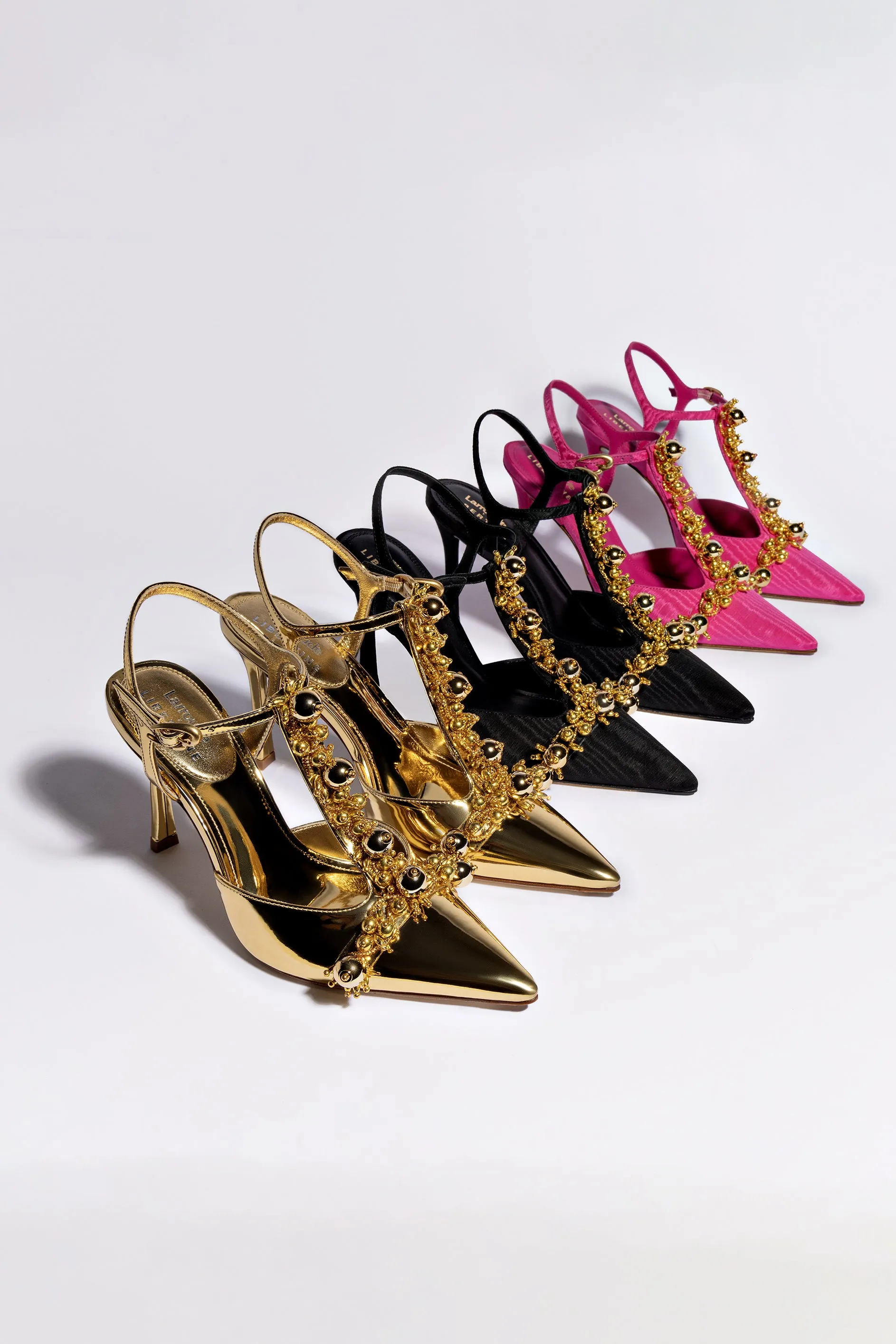 Larroud?? x Libertine Pump In Magenta Fabric and Golden Balls