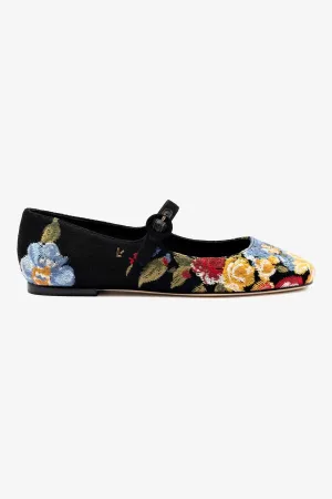 Larroud?? x Markarian Flat In Black Wool and Floral Embroidery
