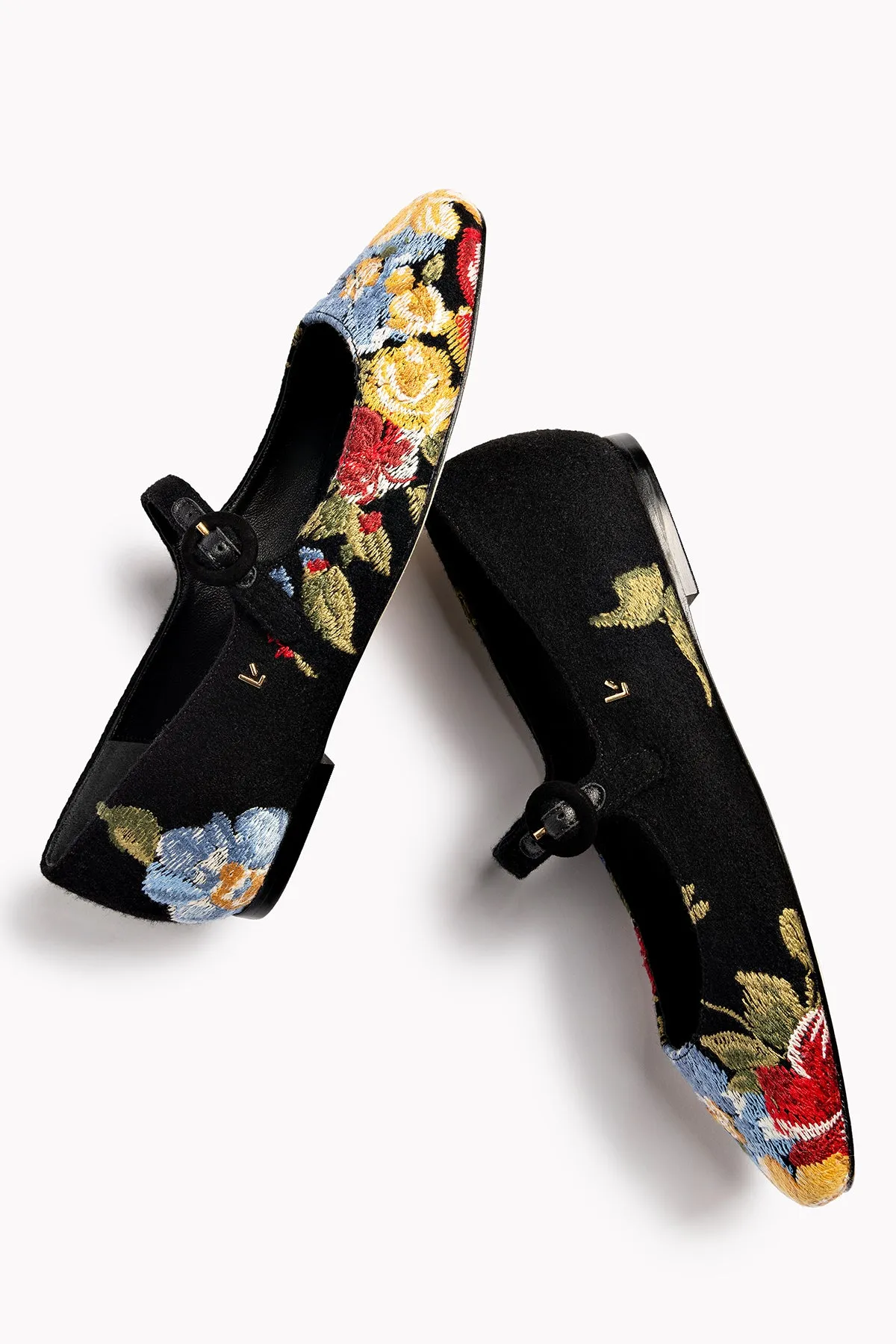 Larroud?? x Markarian Flat In Black Wool and Floral Embroidery
