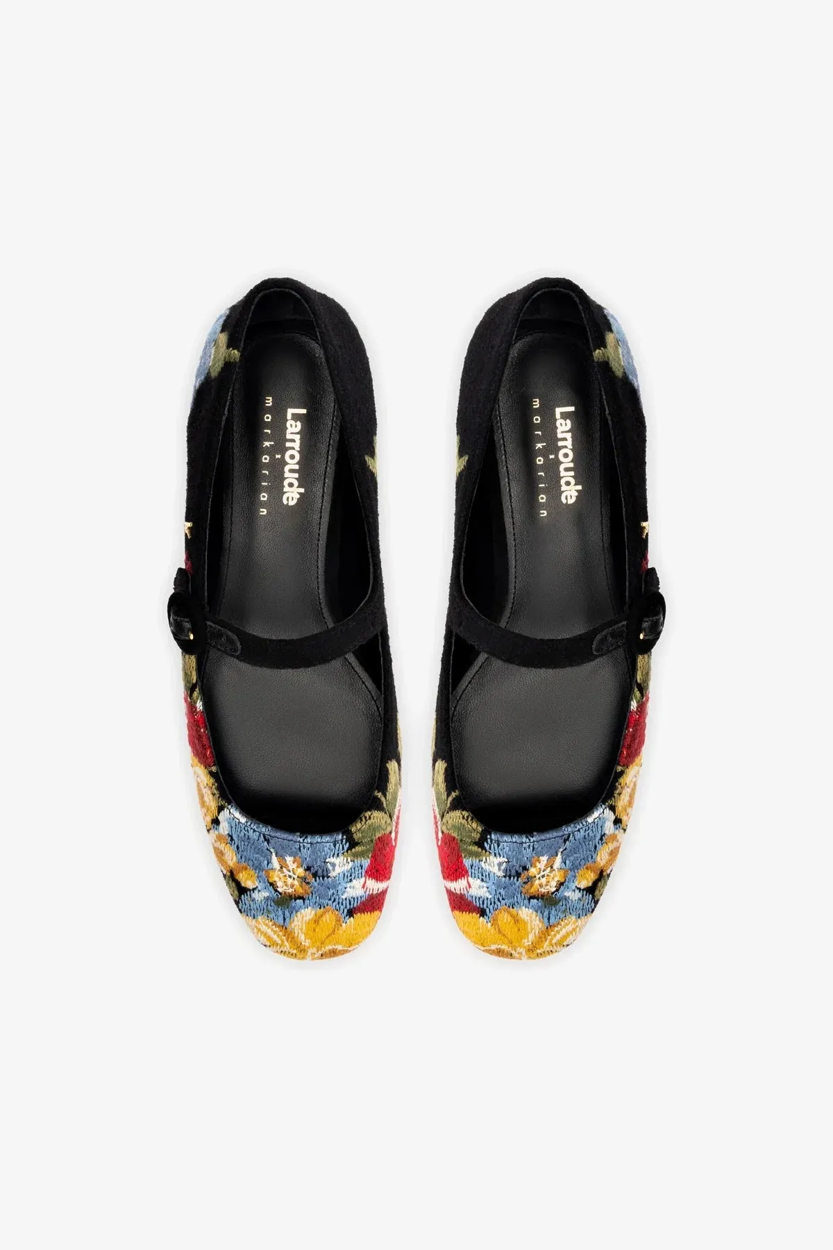 Larroud?? x Markarian Flat In Black Wool and Floral Embroidery