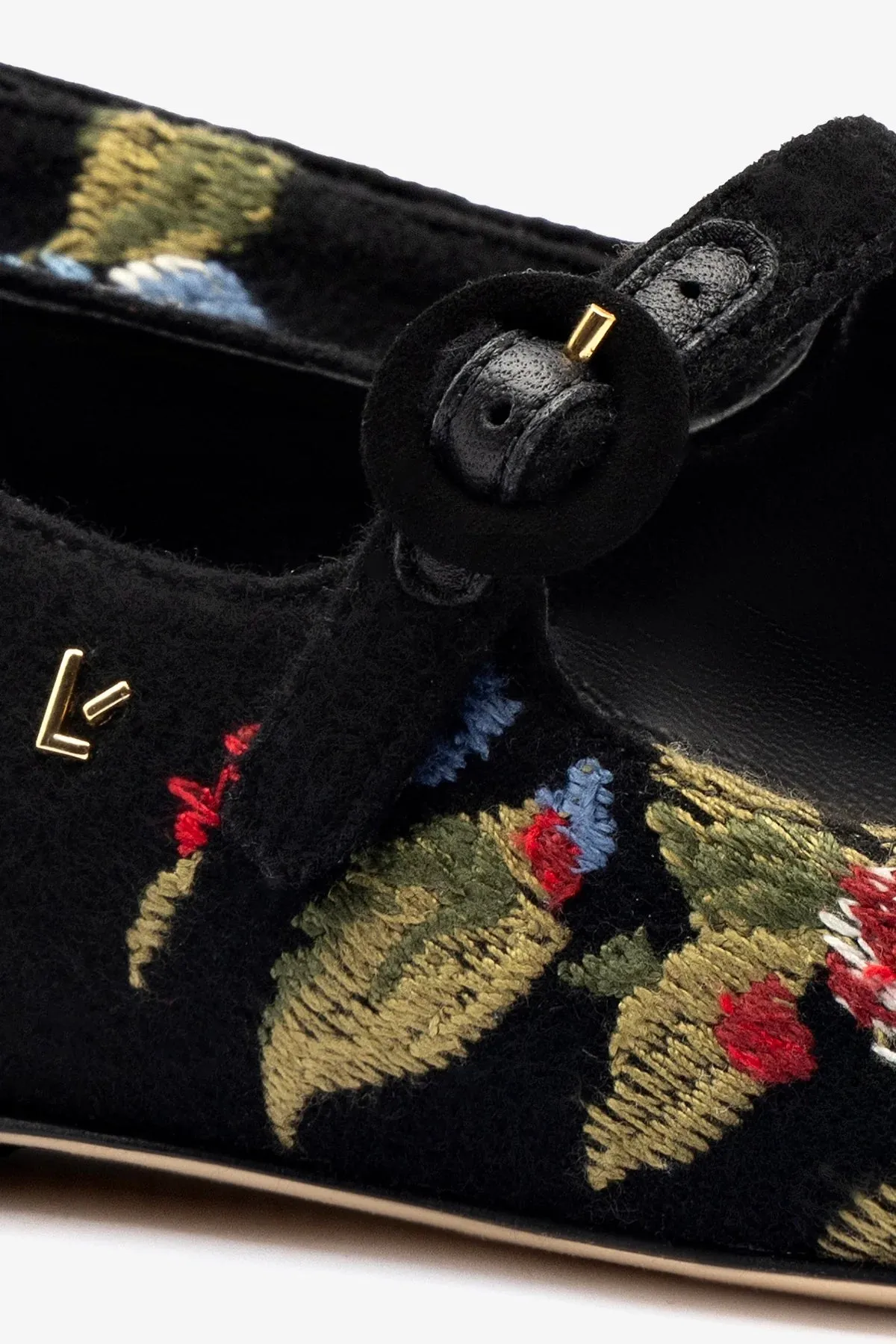 Larroud?? x Markarian Flat In Black Wool and Floral Embroidery