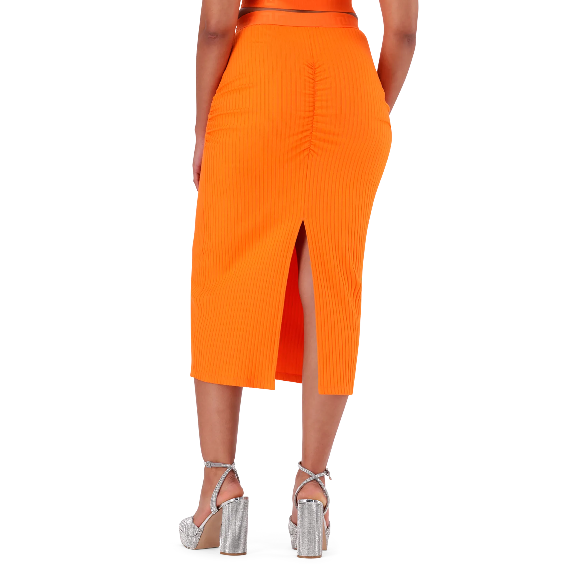 MACIE ORANGE BODYCON MIDI SKIRT WITH GATHERS
