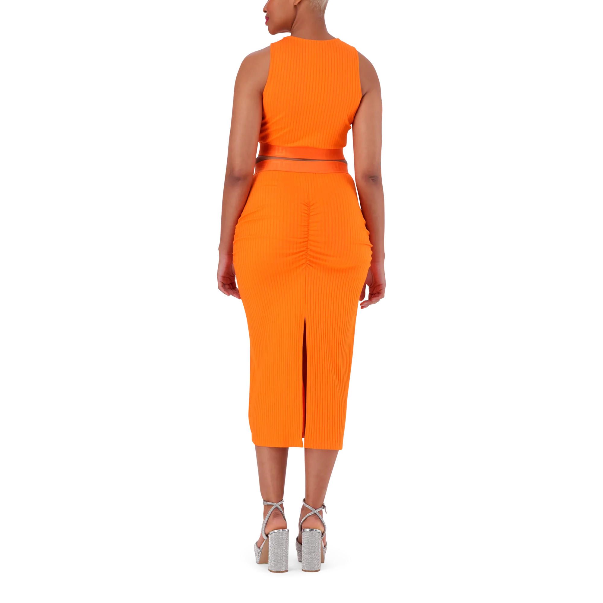 MACIE ORANGE BODYCON MIDI SKIRT WITH GATHERS
