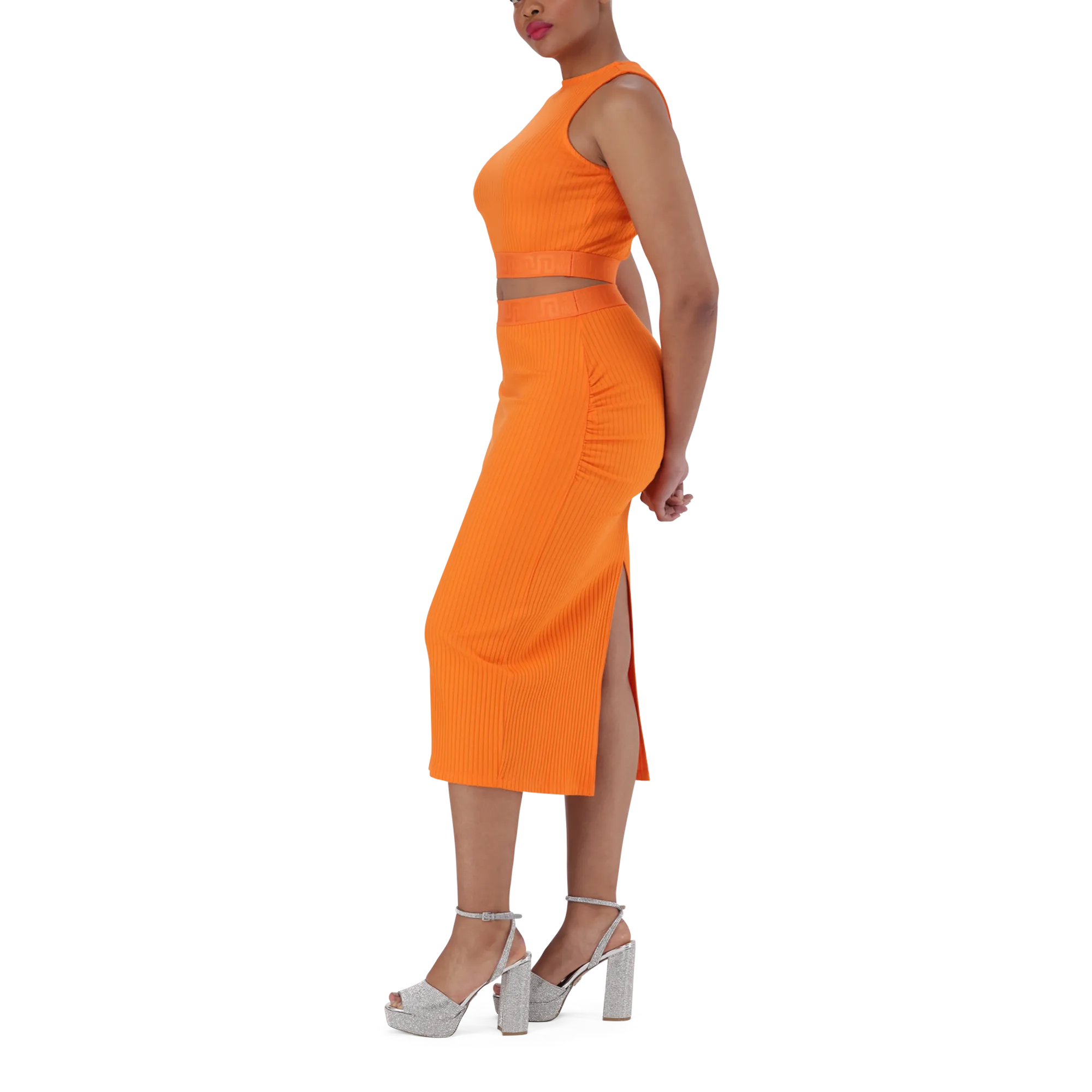 MACIE ORANGE BODYCON MIDI SKIRT WITH GATHERS